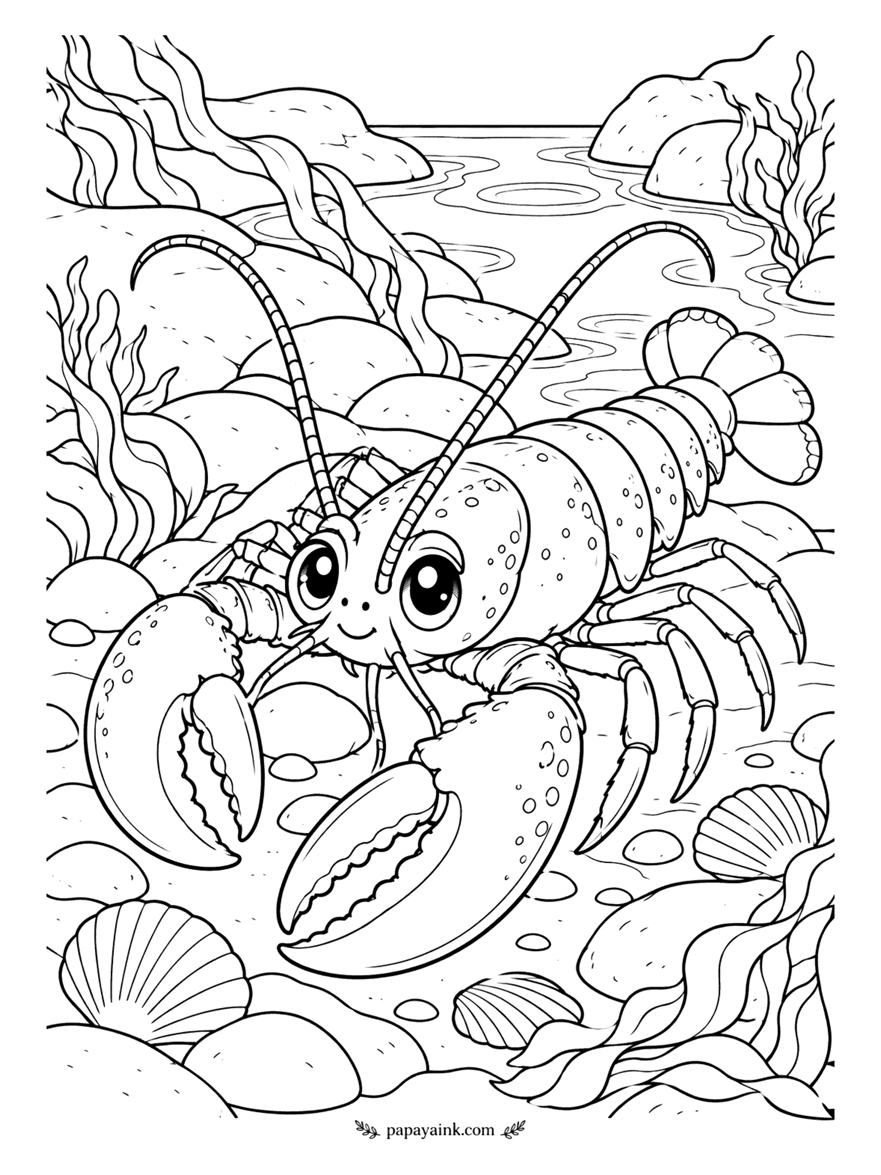 Cute Animal Coloring Pages - Count the legs before you start - a lobster has ten, claws included. This one crawls through a rock pool full of shells and seaweed, the shoreline just beyond. Live lobsters are greenish brown; the famous red comes only from cooking.
