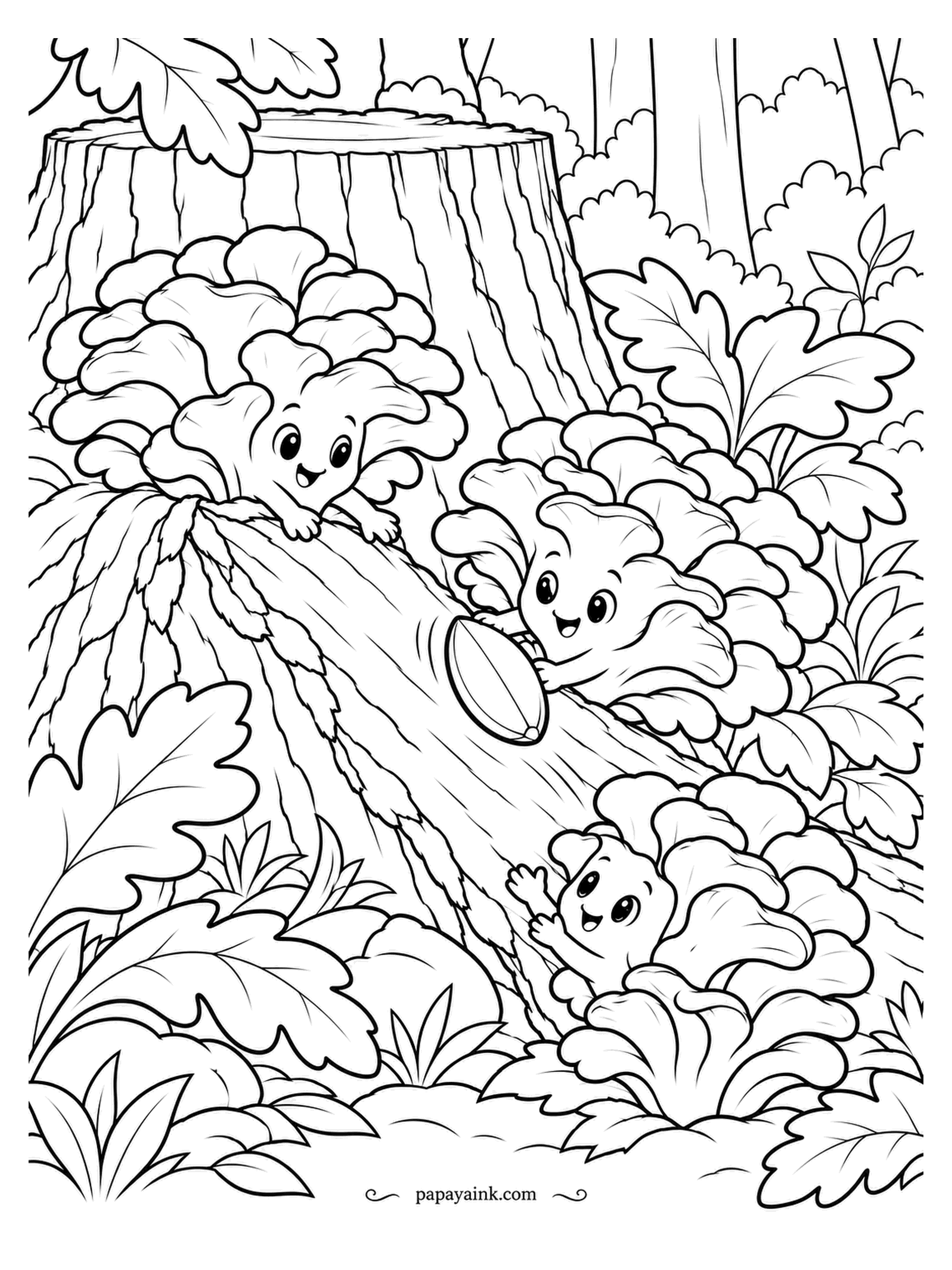 Mushroom Coloring Pages - Somebody discovered that a long curl of bark off the stump makes a slide, and now three maitakes are queuing for it. Maitake is an autumn mushroom, out about when the oak leaves turn. Grey-brown fronds, leaves in rust and gold. Detailed.