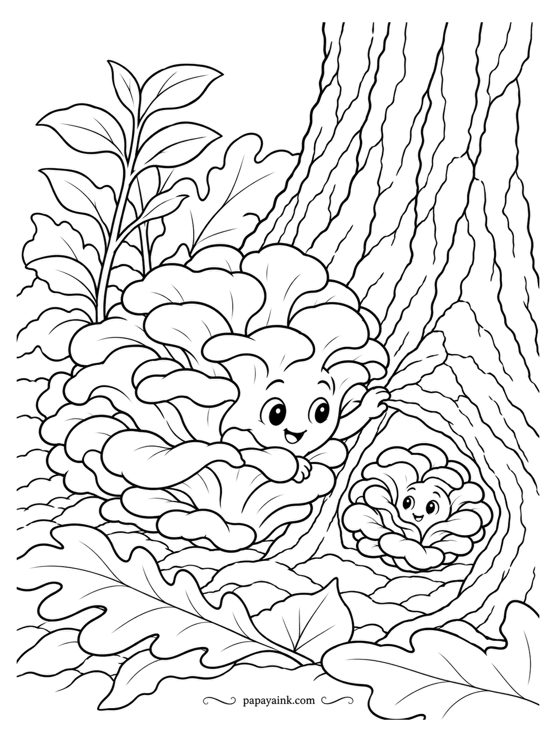 Mushroom Coloring Pages - Lifting the edge of its own fronds, the big maitake shows off what has been hiding in the root hollow: a very small maitake. In real life they come back to the same oak roots year after year. Grey-brown fronds, lighter at the tips. Detailed.