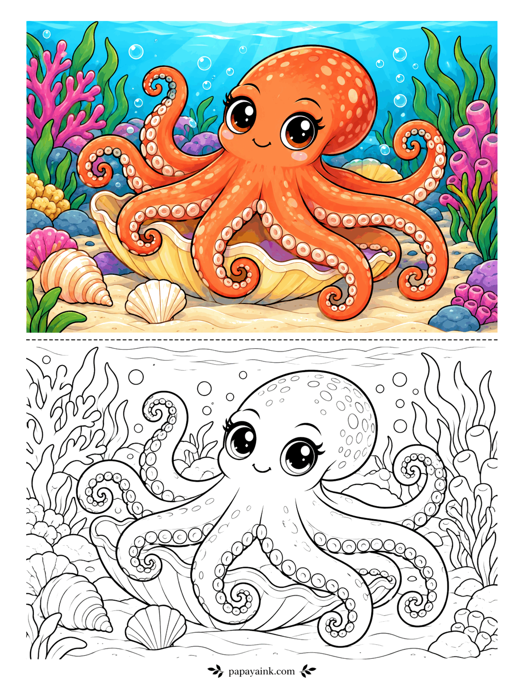 Cute Animal Coloring Pages - Eight arms, one scallop shell, and not much room. An orange octopus spills out of the open shell onto the sand, with pink sea sponges and smaller shells around it. Count the suckers if you want a challenge; the arms are wide enough for markers.
