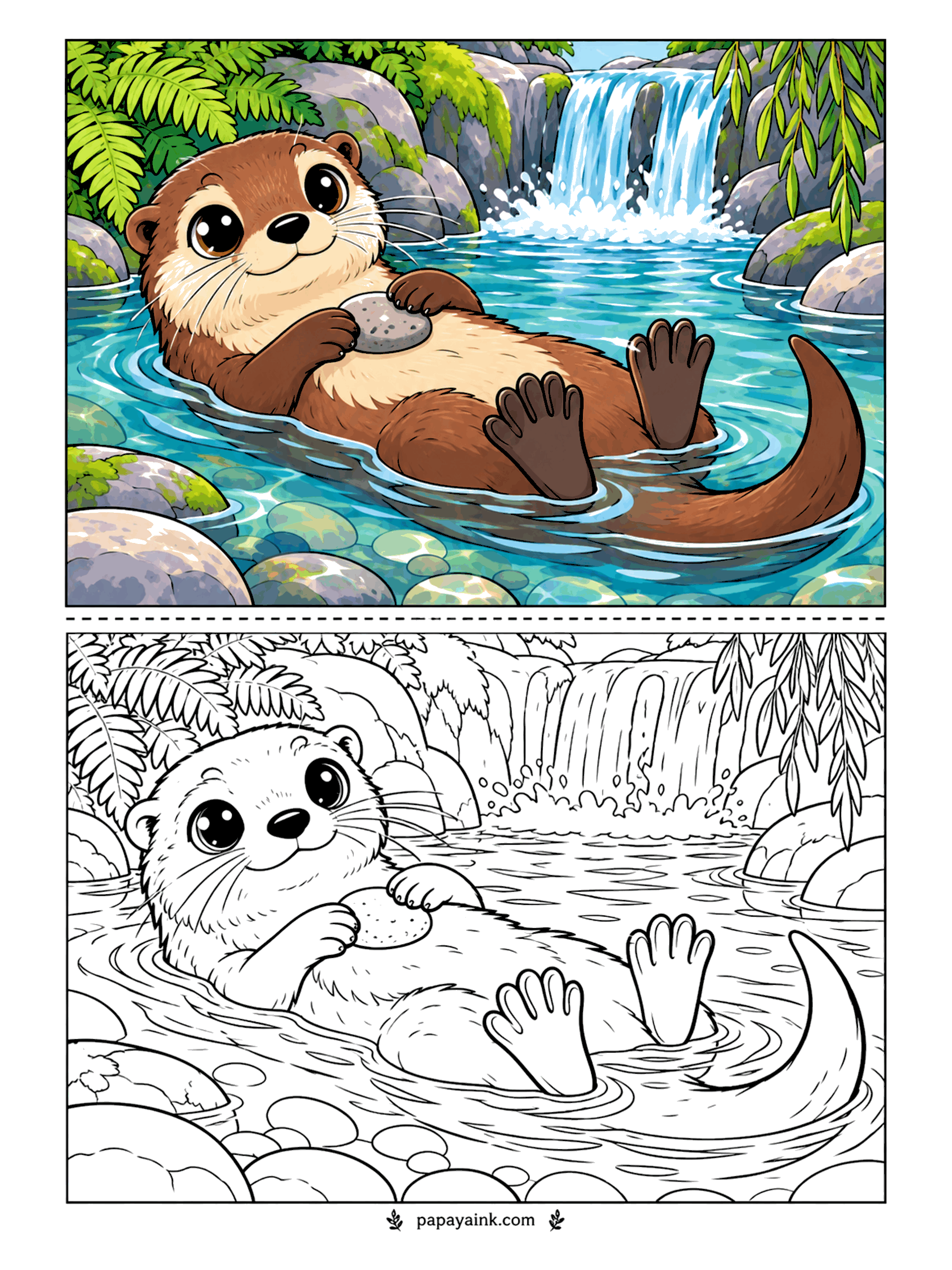 Cute Animal Coloring Pages - On its back in a jungle pool with a smooth stone held on its chest, an otter floats below a waterfall, hind paws up out of the water. The ripples around the body are worth a pale blue wash before anything else.
