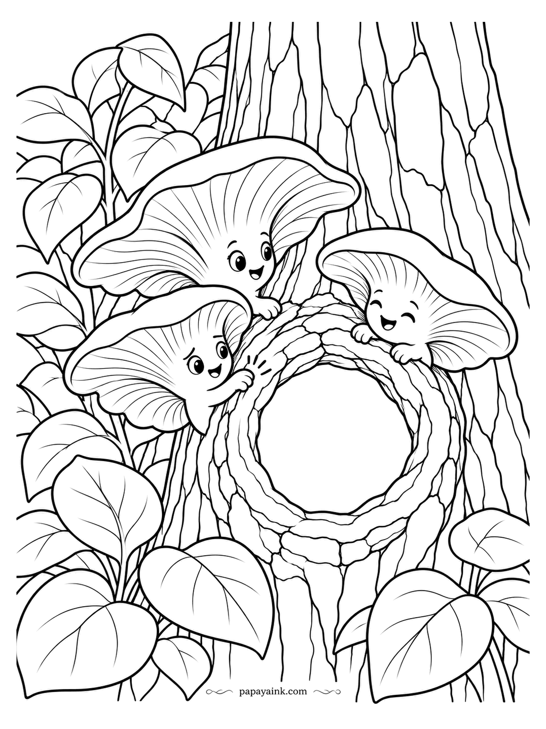 Mushroom Coloring Pages - Knock, knock. Three oyster mushrooms gathered around a hollow in the trunk, waiting to see who lives inside. Oysters will grow on almost any dead wood, and on straw and coffee grounds too, which makes them the easiest mushroom to grow at home.