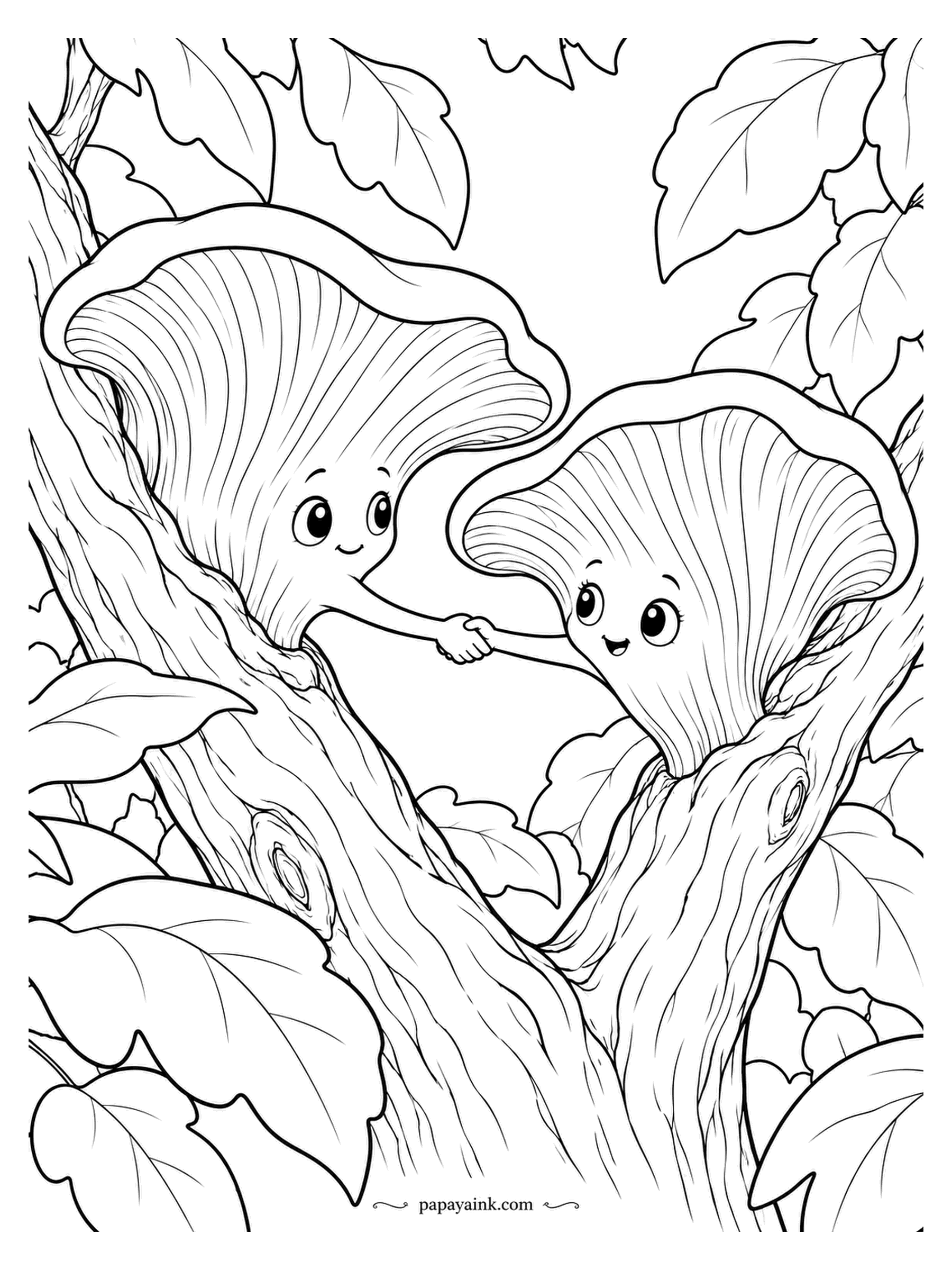 Mushroom Coloring Pages - Across the gap between two branches, a pair of oyster mushrooms manage a handshake, caps tilted politely. The gills fan out across the whole underside of each cap, so that is where the fine pencil goes. Grey caps, cream gills.