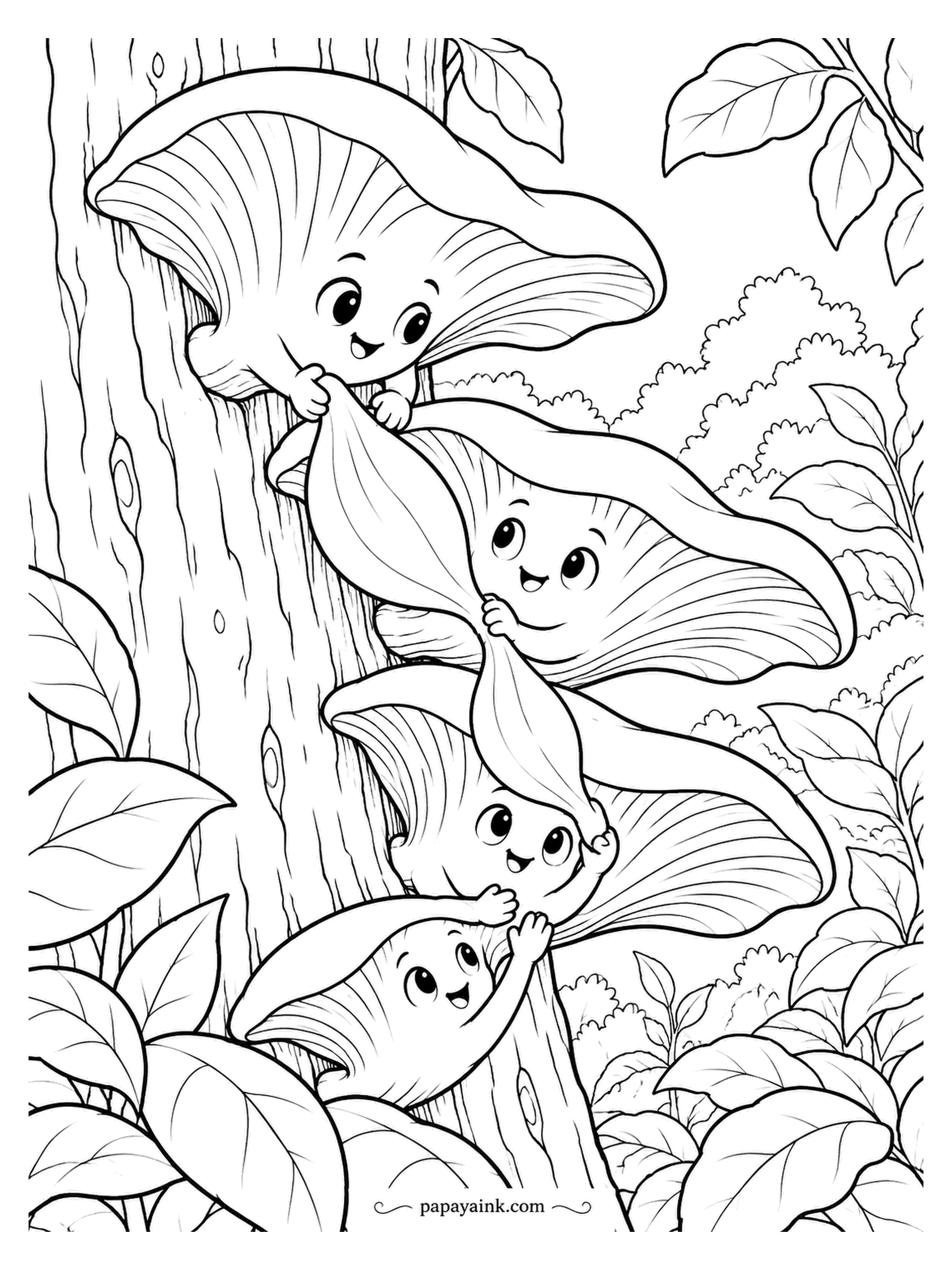 Mushroom Coloring Pages - Four oyster mushrooms stacked up a tree trunk are handing a petal from the top shelf down to the bottom one, carefully. Oysters grow in exactly these tiers on dead wood. A pale grey cap with cream gills is true to life.