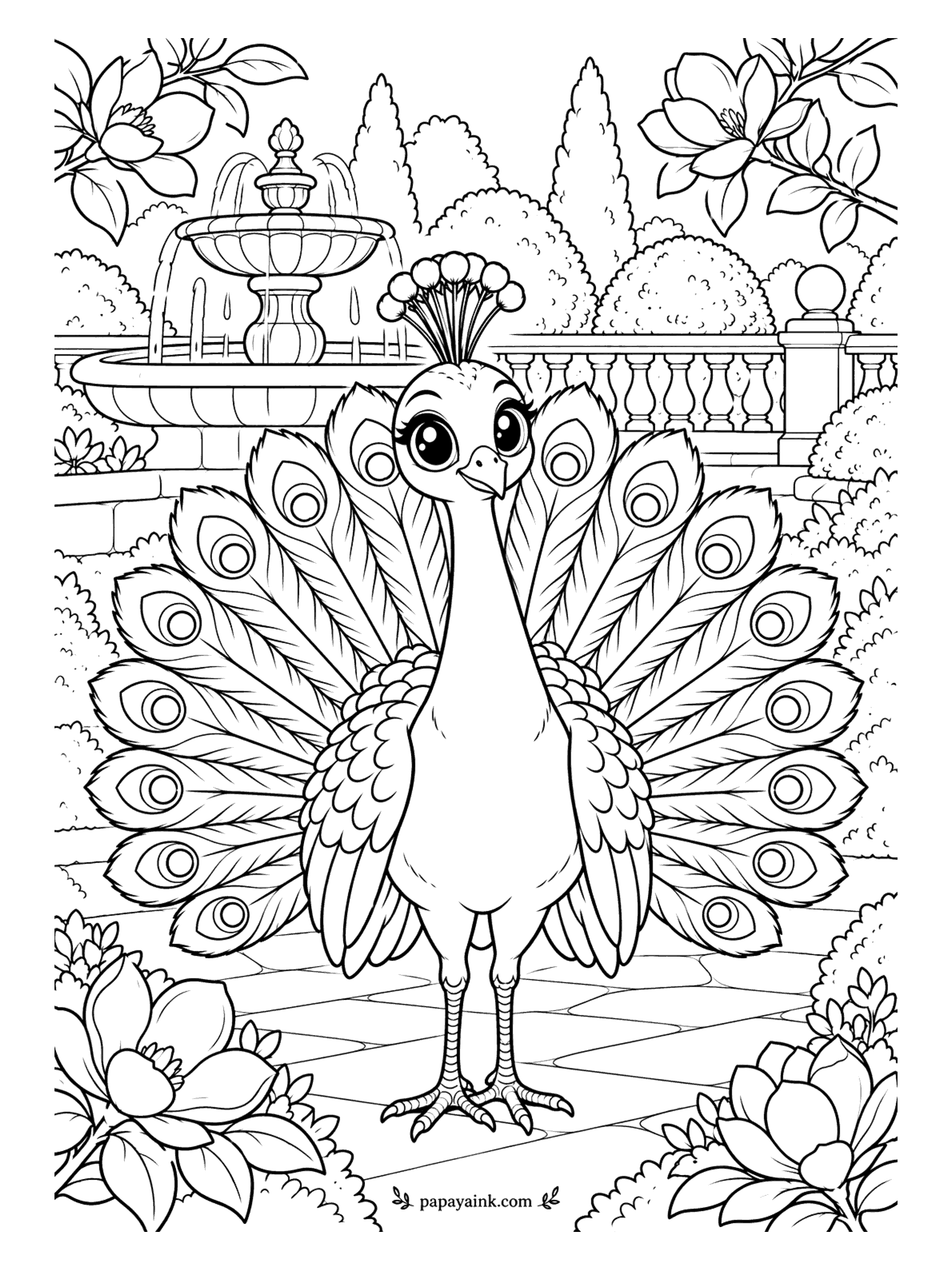 Cute Animal Coloring Pages - Full display in a formal garden. A peacock fans its train in front of a stone fountain and balustrade, magnolias blooming at the edges. Every eyespot is a small target for teal, blue and bronze. Detailed.