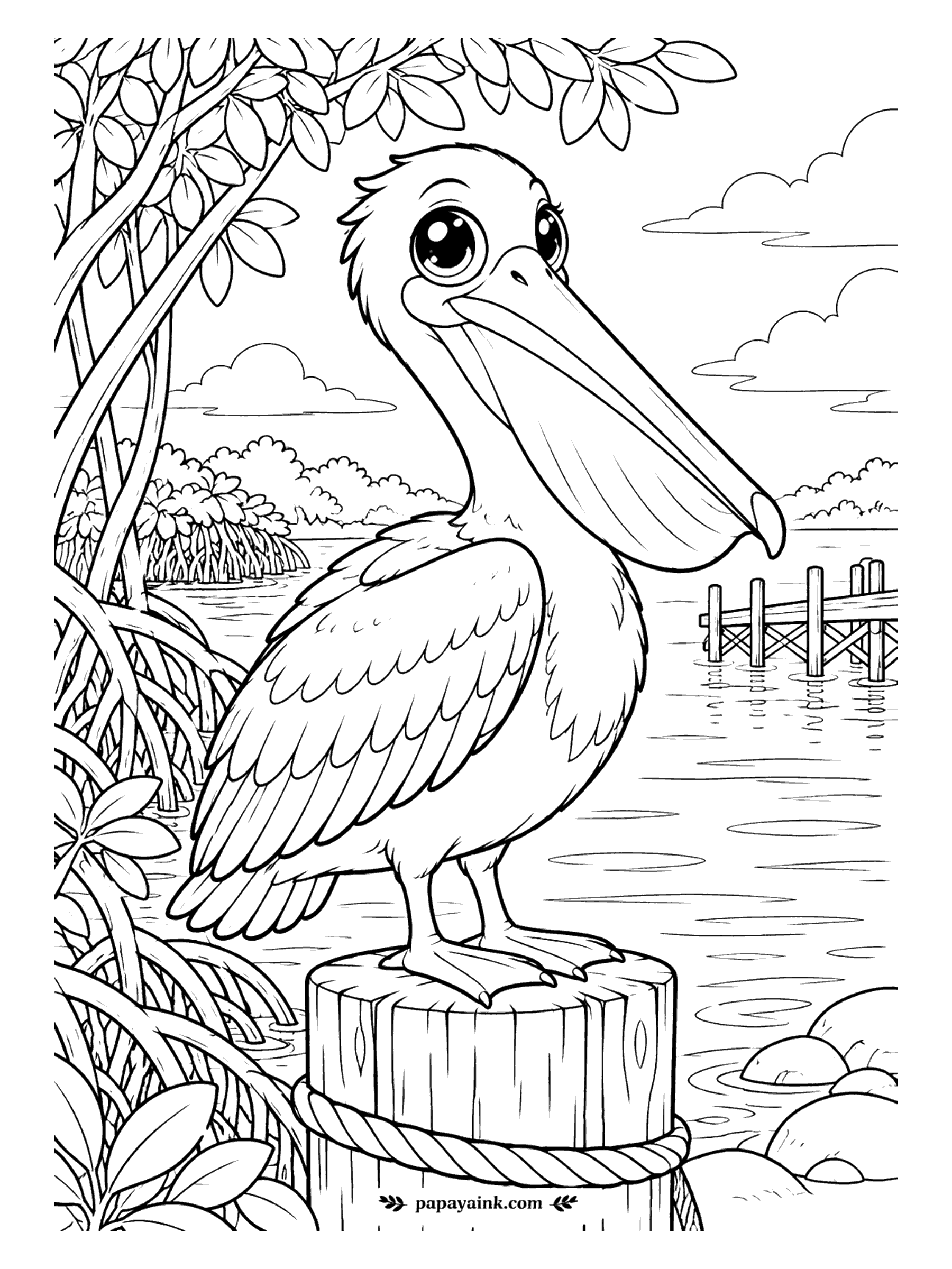 Cute Animal Coloring Pages - Somebody is waiting for the fishing boats. A pelican stands on a rope-wrapped piling at the edge of a mangrove lagoon, its long pouch tucked in, a wooden pier behind. Big feather shapes, few fussy details.
