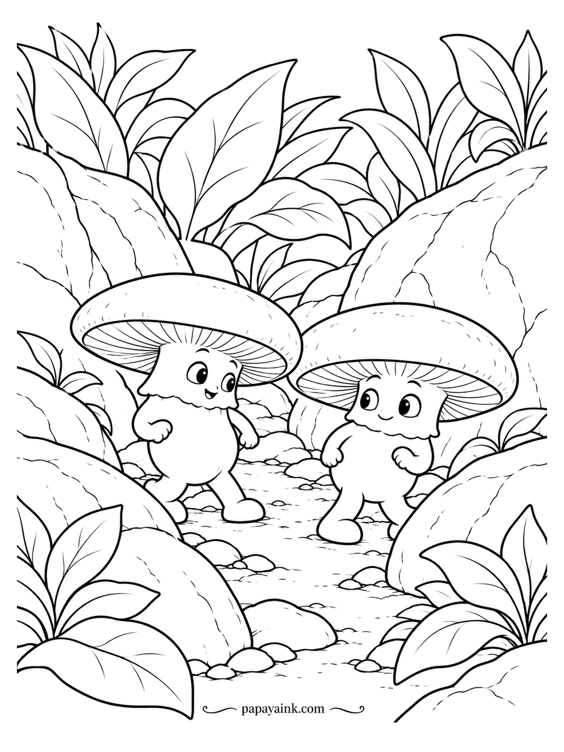 Mushroom Coloring Pages - Trail etiquette: two portobellos pass each other and each tips the edge of a cap, the way you do. The scene is mostly rocks, leaves and open ground: a relaxed one for anyone just starting with mushrooms.