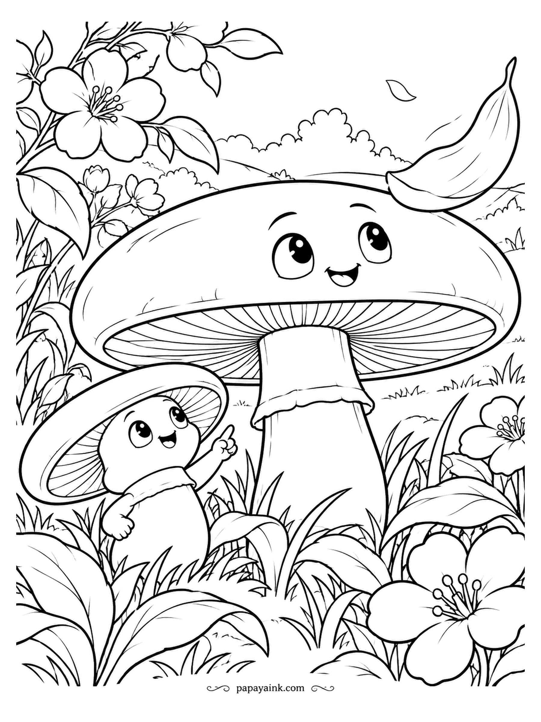 Mushroom Coloring Pages - Down from the blossom tree comes a petal, and it has chosen the biggest cap in the meadow to land on. The small portobello is pointing, in case anyone missed it. Flowers, grass and a wide brown cap: sunny, with room to spread out.
