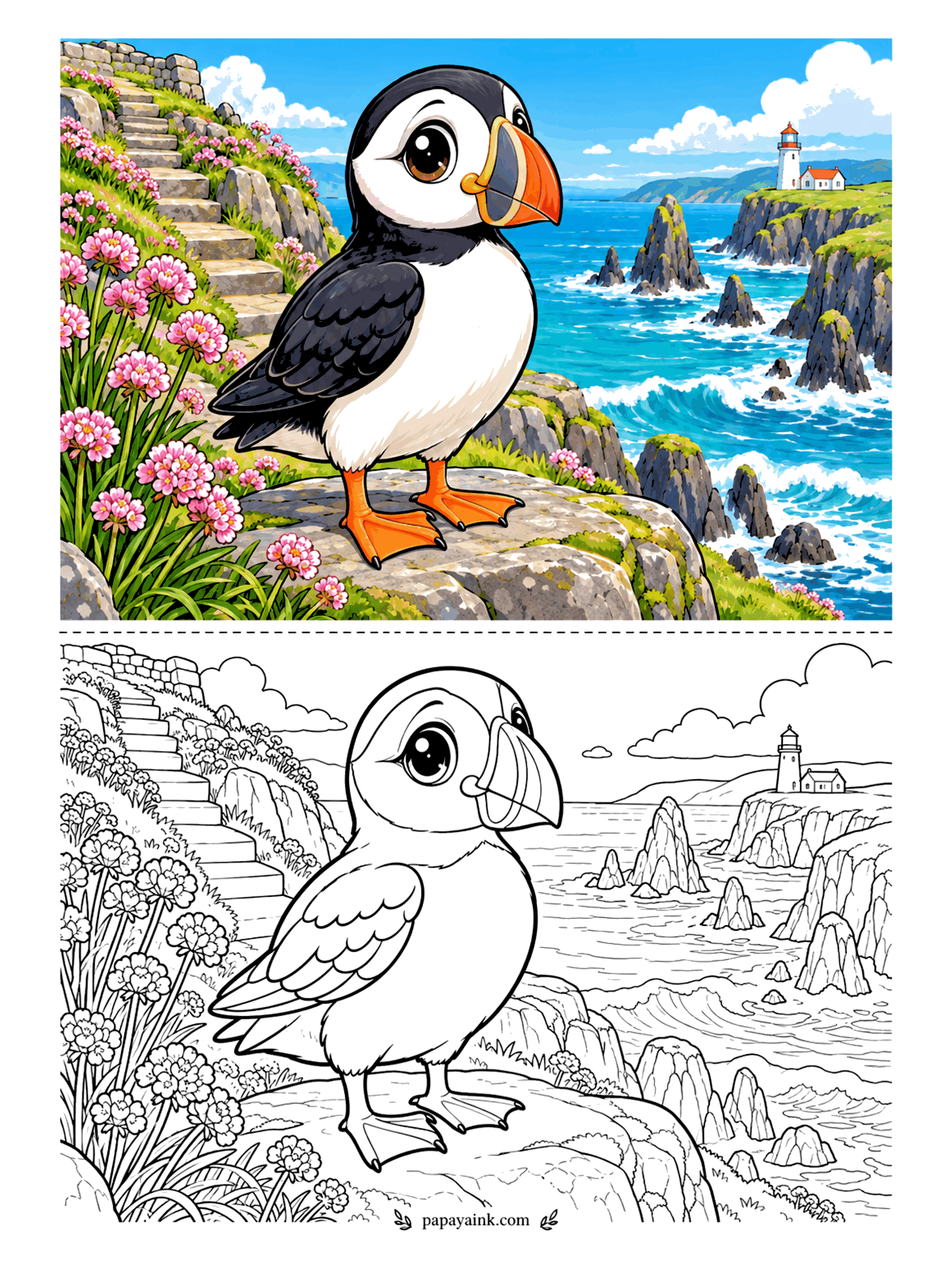 Cute Animal Coloring Pages - Atlantic puffin on a cliff edge, orange bill and feet, sea pinks blooming up the stone steps and a lighthouse on the far headland. The bird is mostly black and white, so the whole color budget goes to the sea and the flowers.