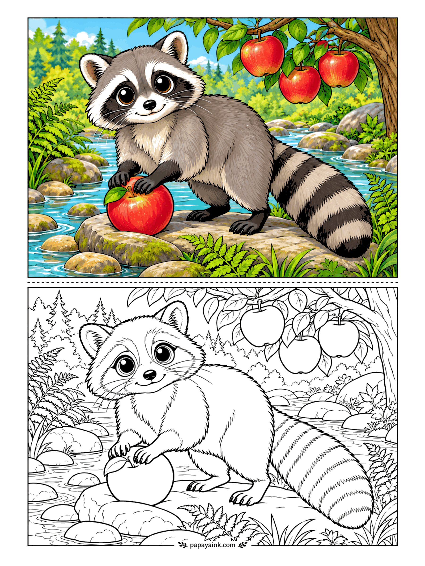 Cute Animal Coloring Pages - Raccoons love to dabble their food in water, and this one has found the perfect apple to rinse. It perches on a stream-side rock under a loaded apple tree, ringed tail curled around. Gray coat, black mask, red fruit.