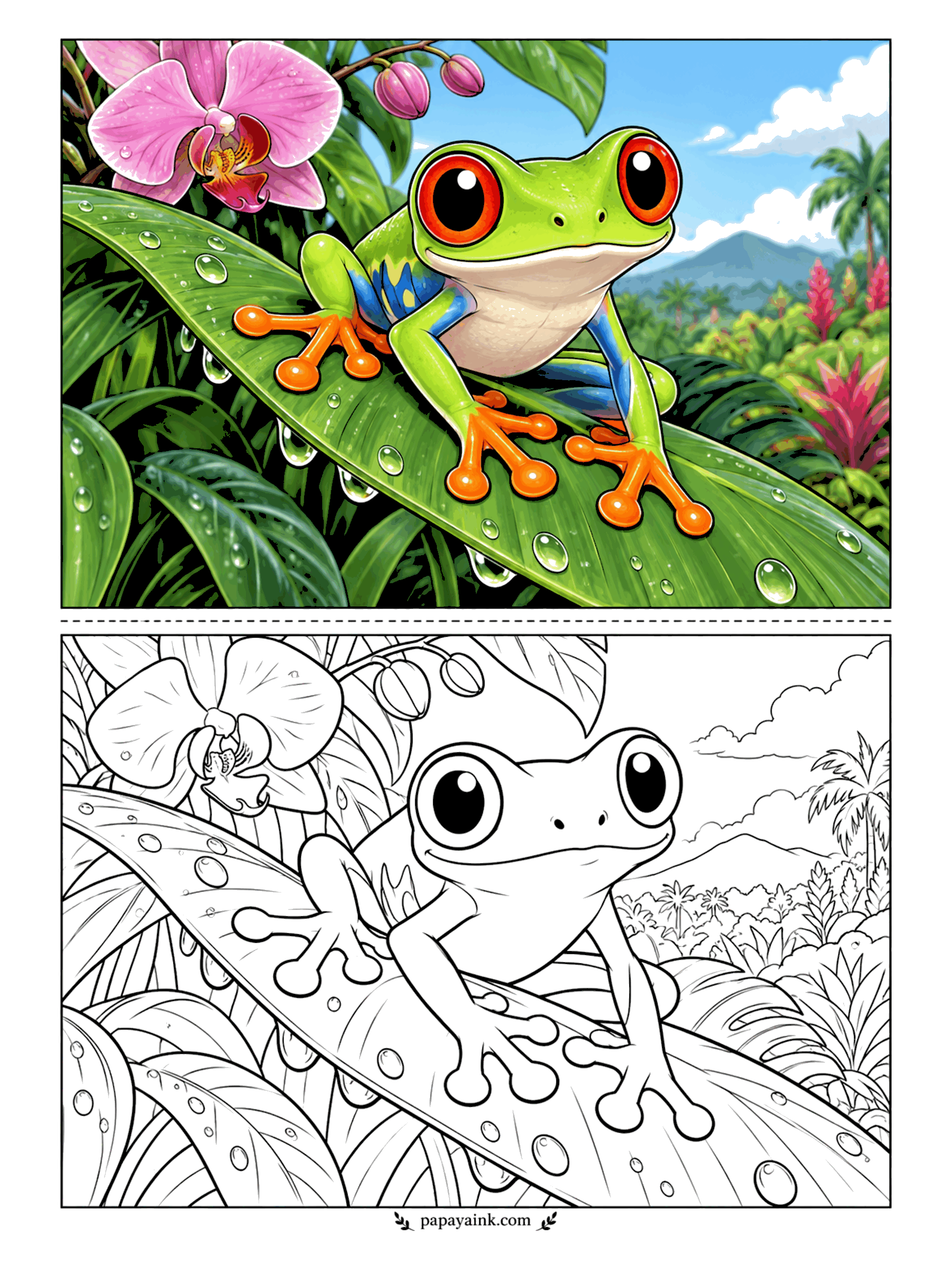 Cute Animal Coloring Pages - Nature already colored this one in: a red-eyed tree frog with lime skin, blue sides and orange toes, clinging to a dewy leaf next to a pink orchid. Leave tiny white dots on the water drops.