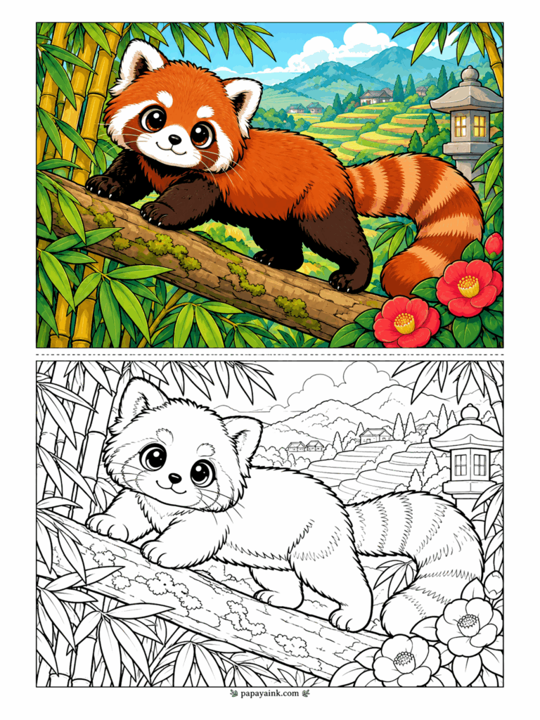 Cute Animal Coloring Pages - A red panda stretched along a mossy branch, bamboo on one side and camellias on the other, with terraced hills and a stone lantern far below. Rusty orange fur against the greens is the fun part; save white for the ear tips and cheeks.