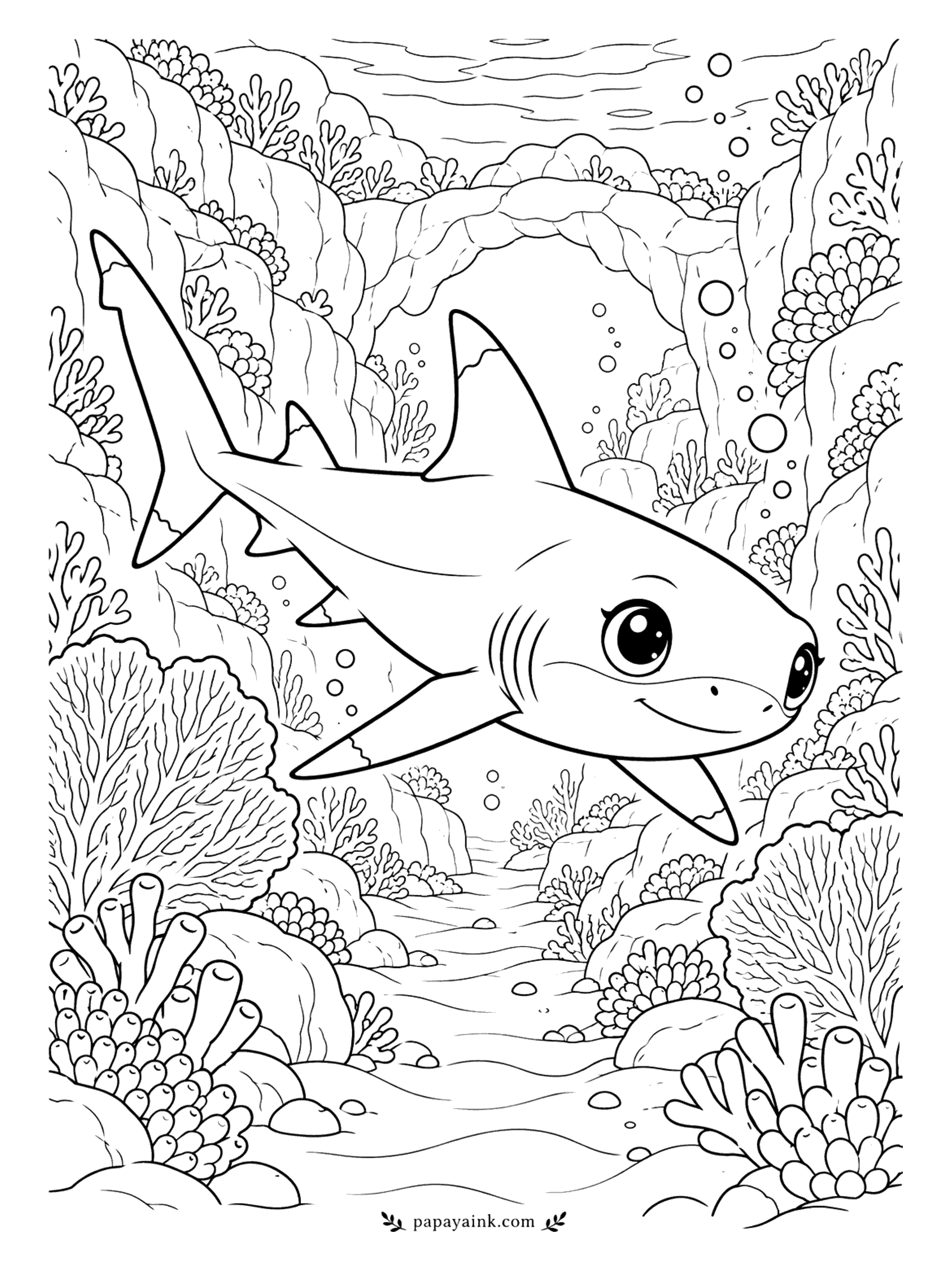 Cute Animal Coloring Pages - A reef shark on patrol, gliding along a coral wall past sea fans and a rocky arch. Small, sleek and more curious than scary. Gray-blue on top, white underneath, and dark tips on the fins. Detailed.