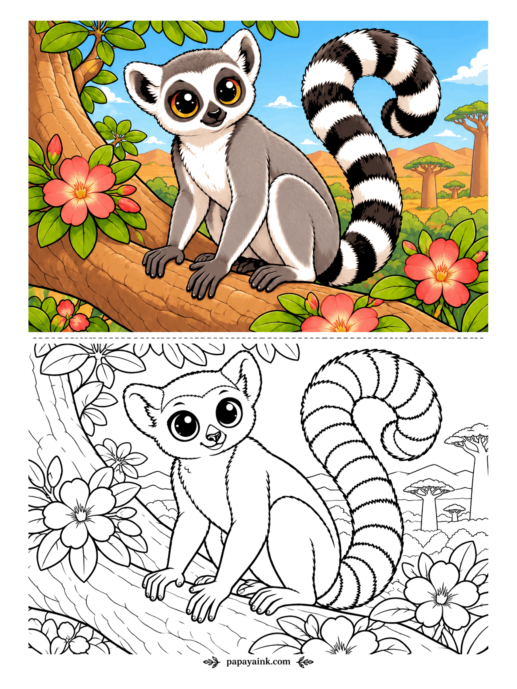 Cute Animal Coloring Pages - Striped tail held up like a question mark, a ring-tailed lemur perches on a thick branch with baobabs standing on the orange plain behind it. The amber eyes and the black-and-white rings are the places to be precise; the leaves can be loose.