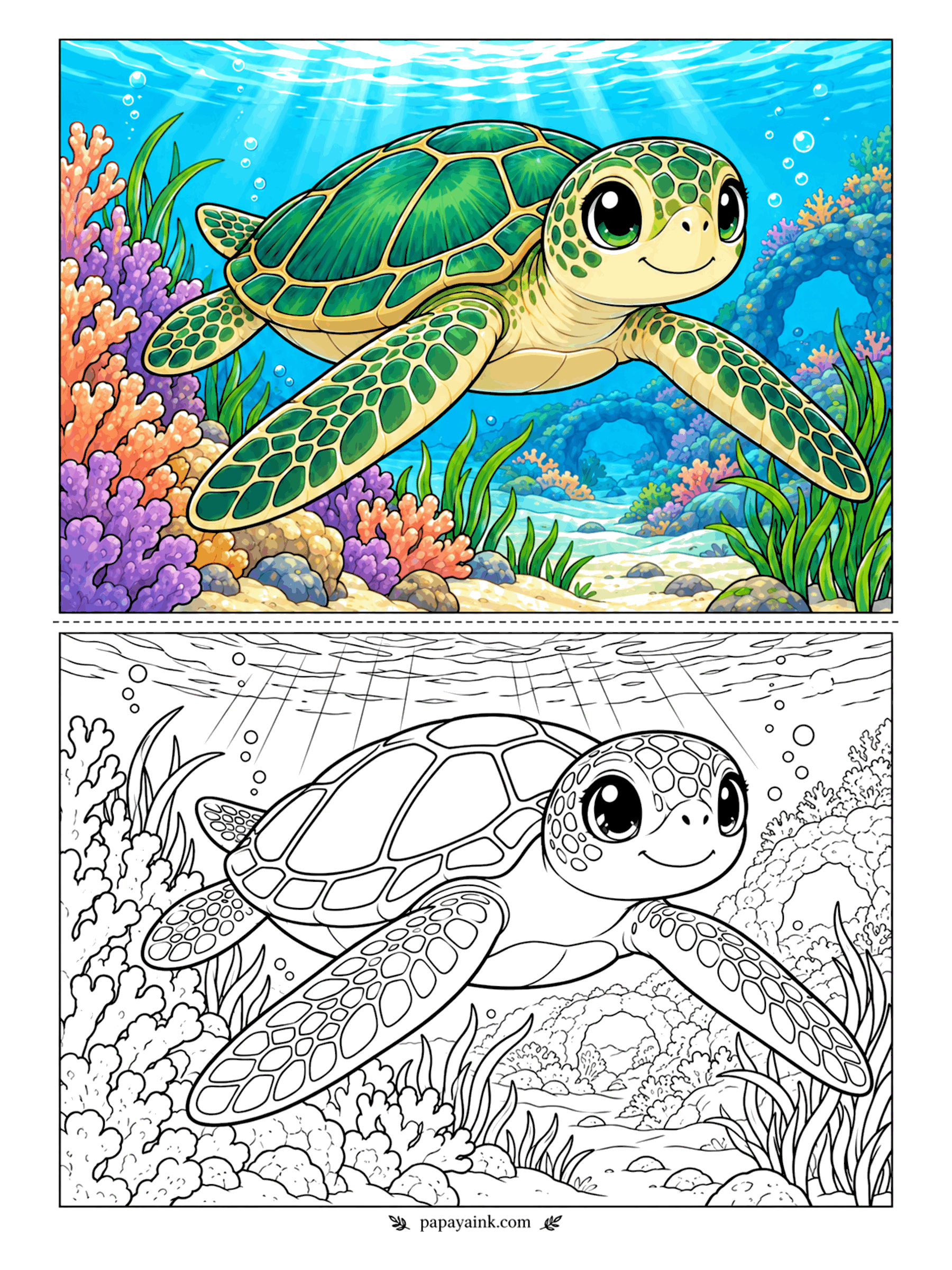 Cute Animal Coloring Pages - Sunbeams slanting through the water, a green sea turtle glides over a reef of corals and purple sea fans. The shell is a patchwork of plates in two or three greens, and the pale underside of the flippers is where the light lands.