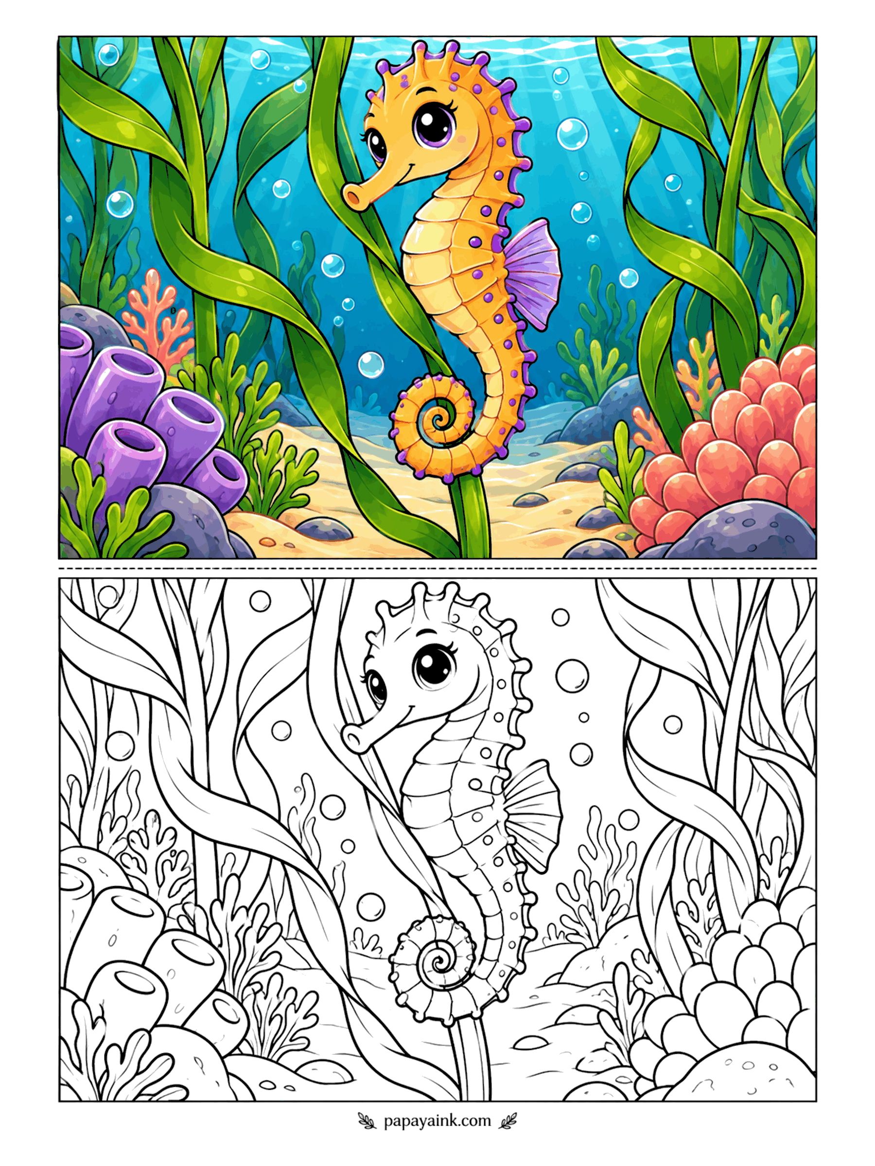 Cute Animal Coloring Pages - Tail hooked around a seagrass blade, an orange seahorse hangs in the current with purple tube sponges and red coral at its feet and bubbles rising past. Mostly long flowing lines; the ridged body is the one spot that needs care.