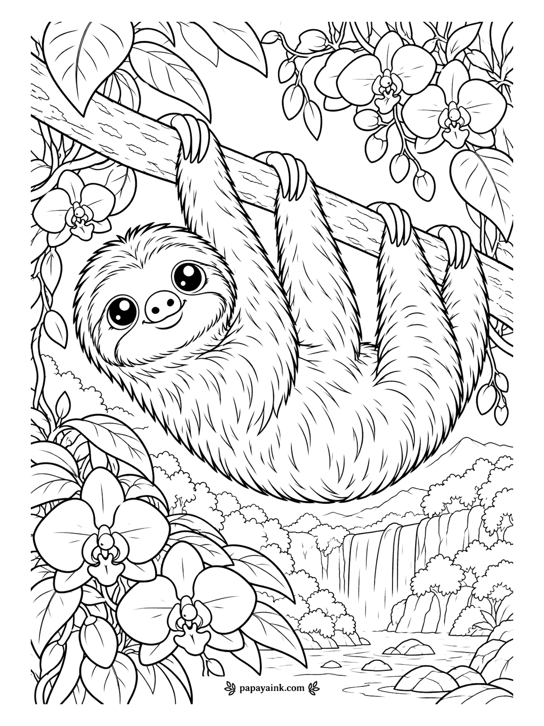 Cute Animal Coloring Pages - Upside down and perfectly content, a sloth hangs by its long curved claws from a branch draped with orchids, a waterfall dropping somewhere far below. Shaggy fur means lots of short pencil strokes. Detailed.