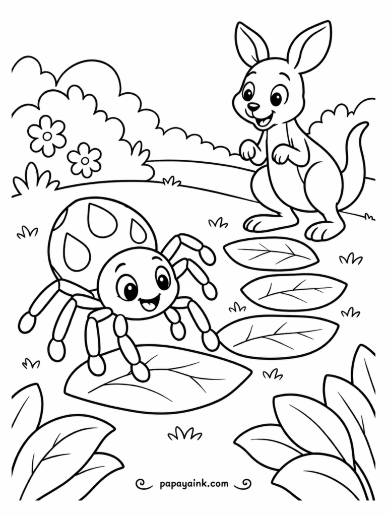 Cute Spider Coloring Pages - Hopscotch with no chalk: five broad leaves laid out on the lawn make the squares, and the spider has just landed on the first one. The kangaroo joey waits its turn at the far end, already bouncing. Broad open leaves, an easy page.