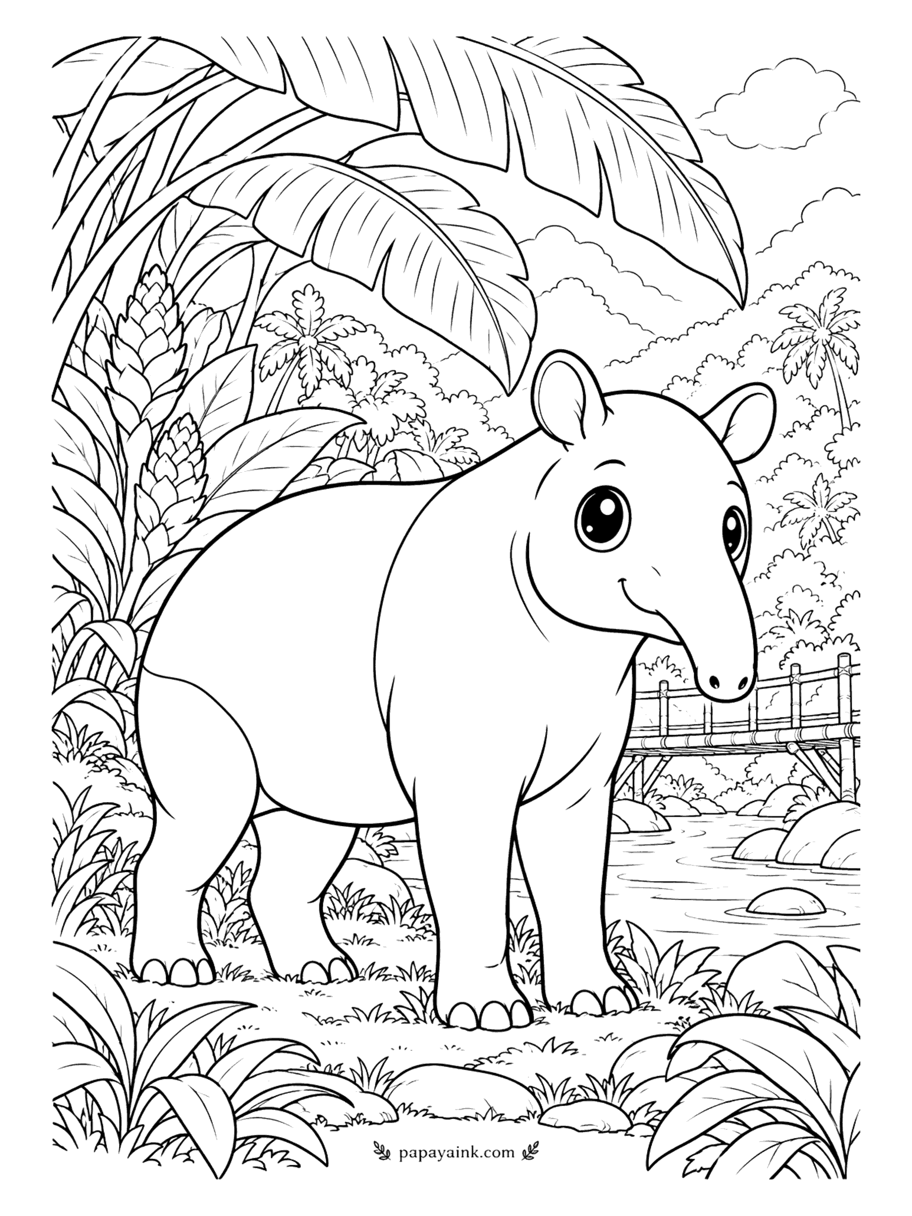 Cute Animal Coloring Pages - That trunk-like snout is a tapir's best tool for pulling leaves. It stands on the riverbank under banana leaves, a wooden footbridge crossing the water upstream. A big smooth body, good for practicing shading from dark to light.