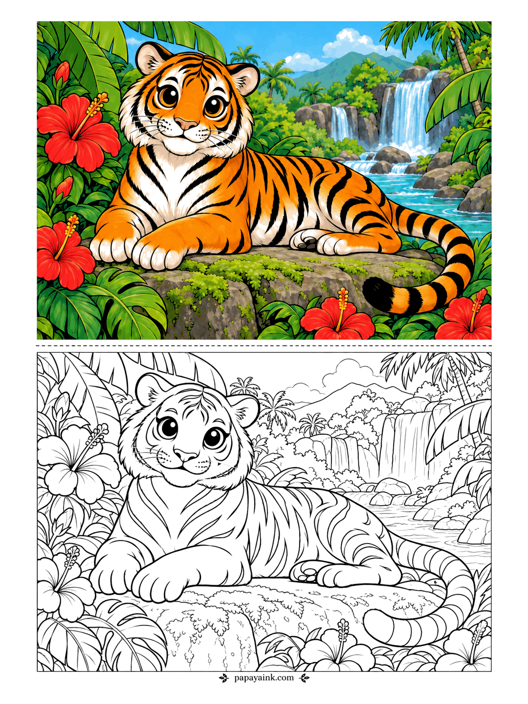 Cute Animal Coloring Pages - Stretched out on a mossy rock as if it owns the jungle, a tiger keeps one eye on the waterfall beyond. Red hibiscus frames the scene. Orange, black and white on the cat; the ferns and leaves can take any green you like. Detailed.