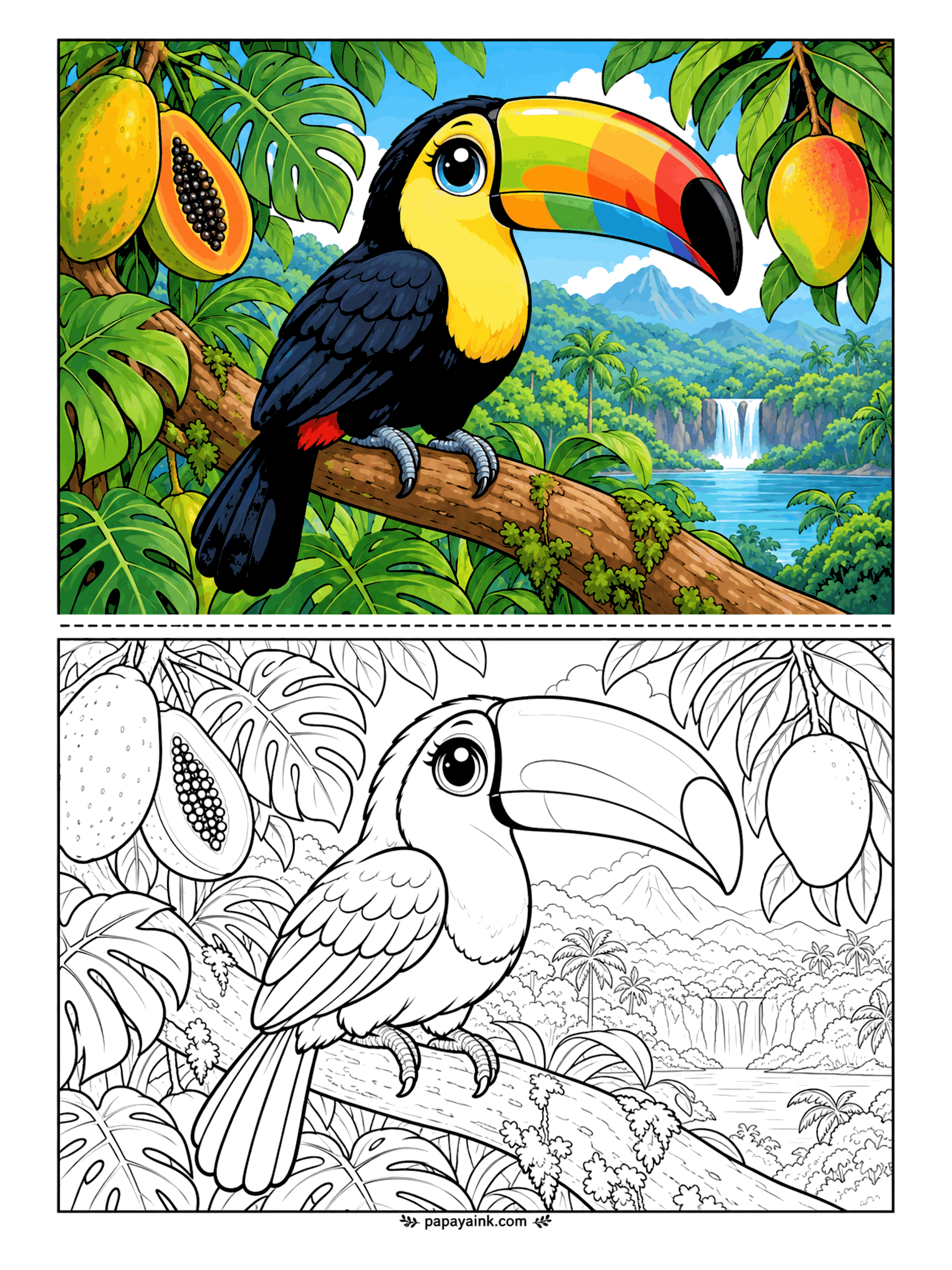 Cute Animal Coloring Pages - A toucan on a jungle branch with papayas and mangoes hanging within reach and a waterfall in the valley below. The bill takes green, orange, red and yellow in bands - follow the sample or invent your own stripes.
