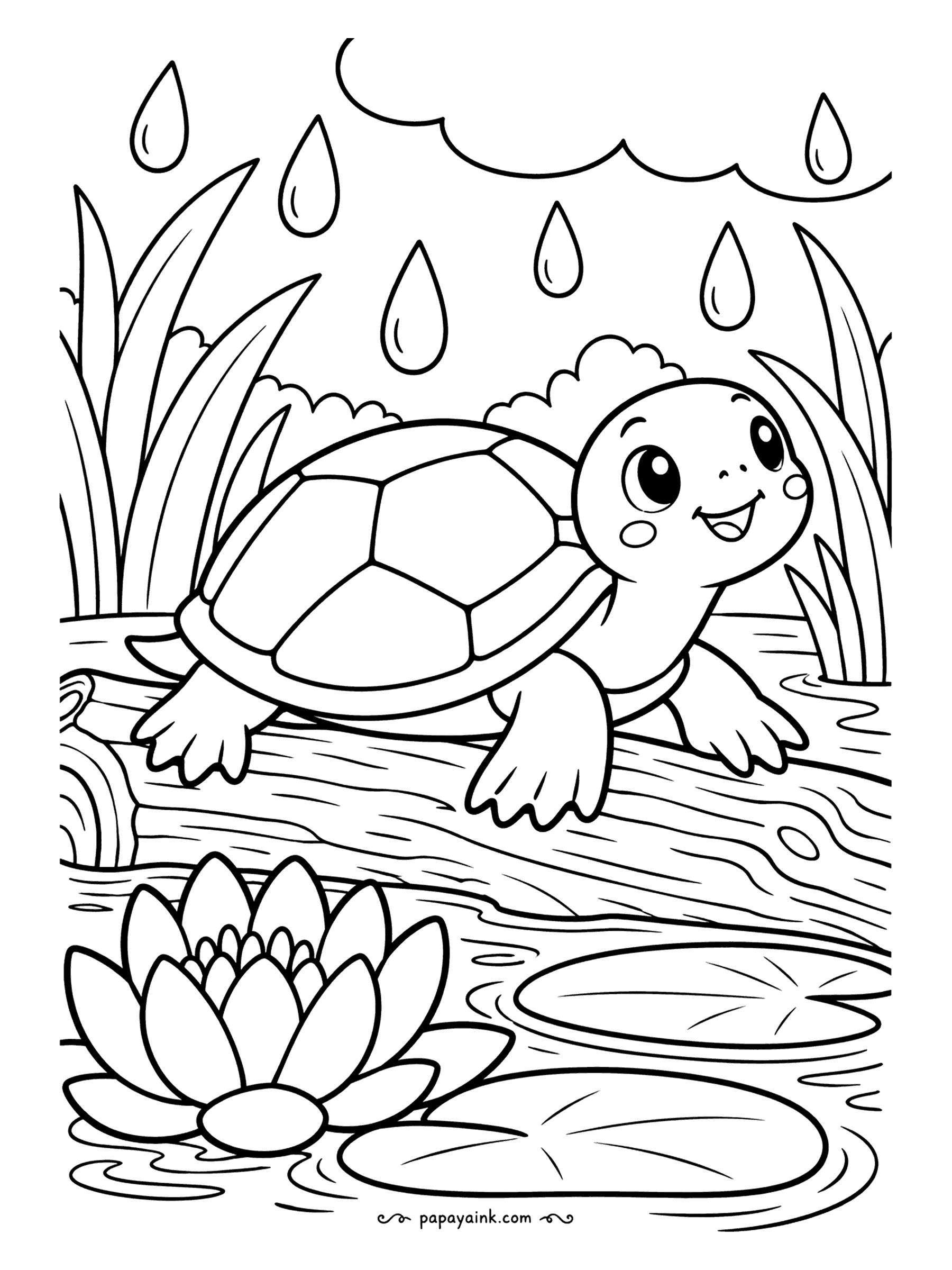 Turtle Coloring Pages - Rain is not a problem when you come with your own roof. A round-eyed little turtle grins from a half-sunk log while fat drops fall around a water lily. Big open shapes, a good first page for small hands.