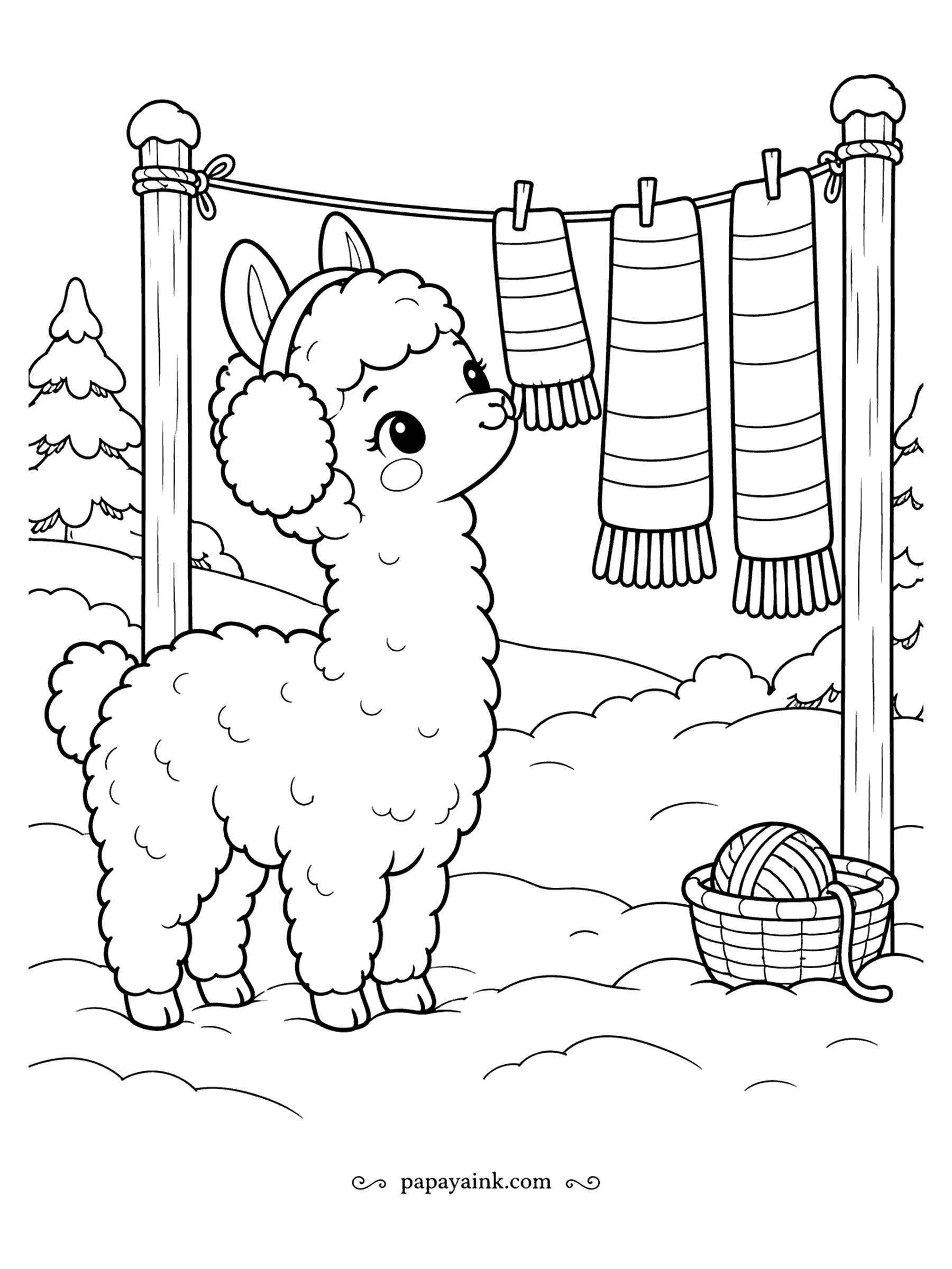 Cute Winter Coloring Pages - Wash day for the alpaca: three striped scarves hang on a clothesline between snowy posts while she checks the nearest one for dampness. A basket with a ball of yarn waits in the snow. Stripe each scarf in a different pair of colors.