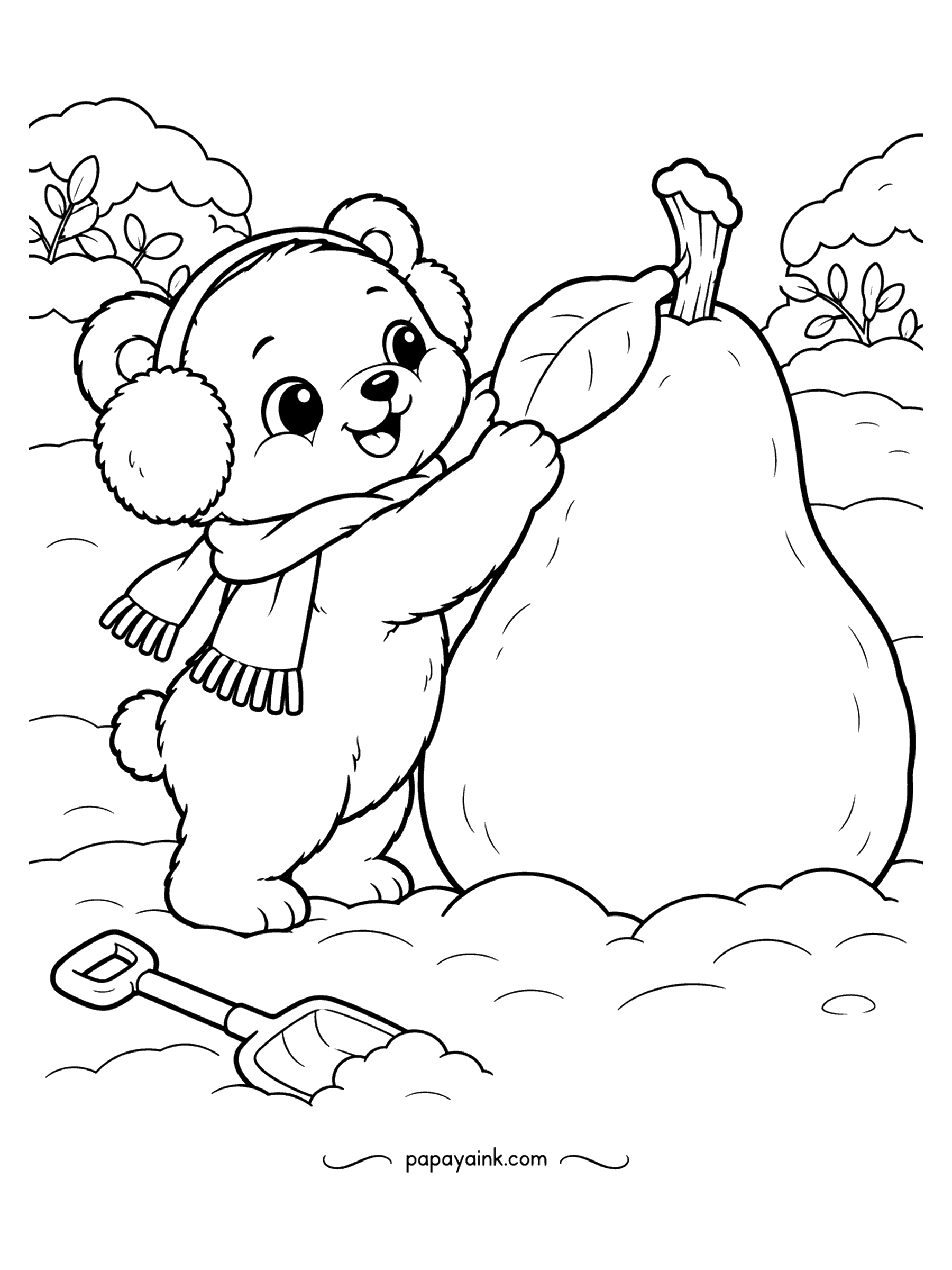 Cute Winter Coloring Pages - Sculpture class, advanced: the bear cub in earmuffs has built a pear taller than himself, stem and leaf included, and is patting the side smooth. The shovel is done for the day. Try the pear in pale yellow-green, as if it were real.