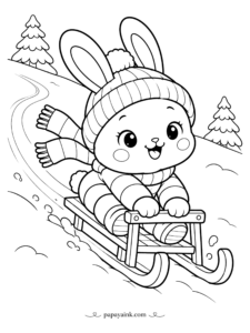 Cute Winter Coloring Pages - Ears back, scarf streaming, the bunny has reached the fast part of the hill and is already planning a second run. Wooden sled, striped sweater, one curving track down from the treeline. Leave the slope white and spend the color on the knitwear.