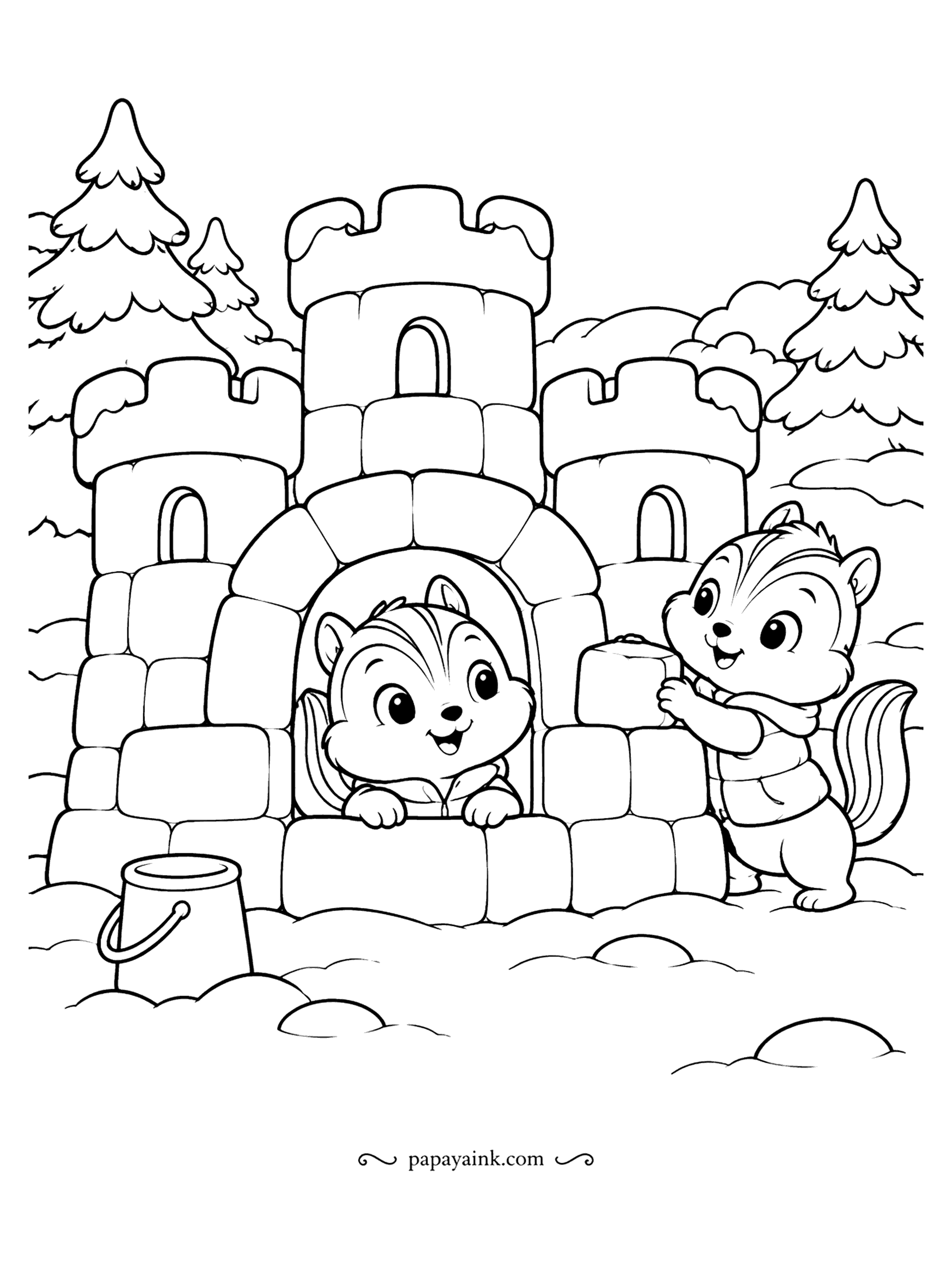 Cute Winter Coloring Pages - Snow castle with towers and an arched gate, built by two chipmunks, and one of them is now inside, waving through the doorway. The other delivers a fresh snow brick. A bucket stands ready for the next batch. Detailed.