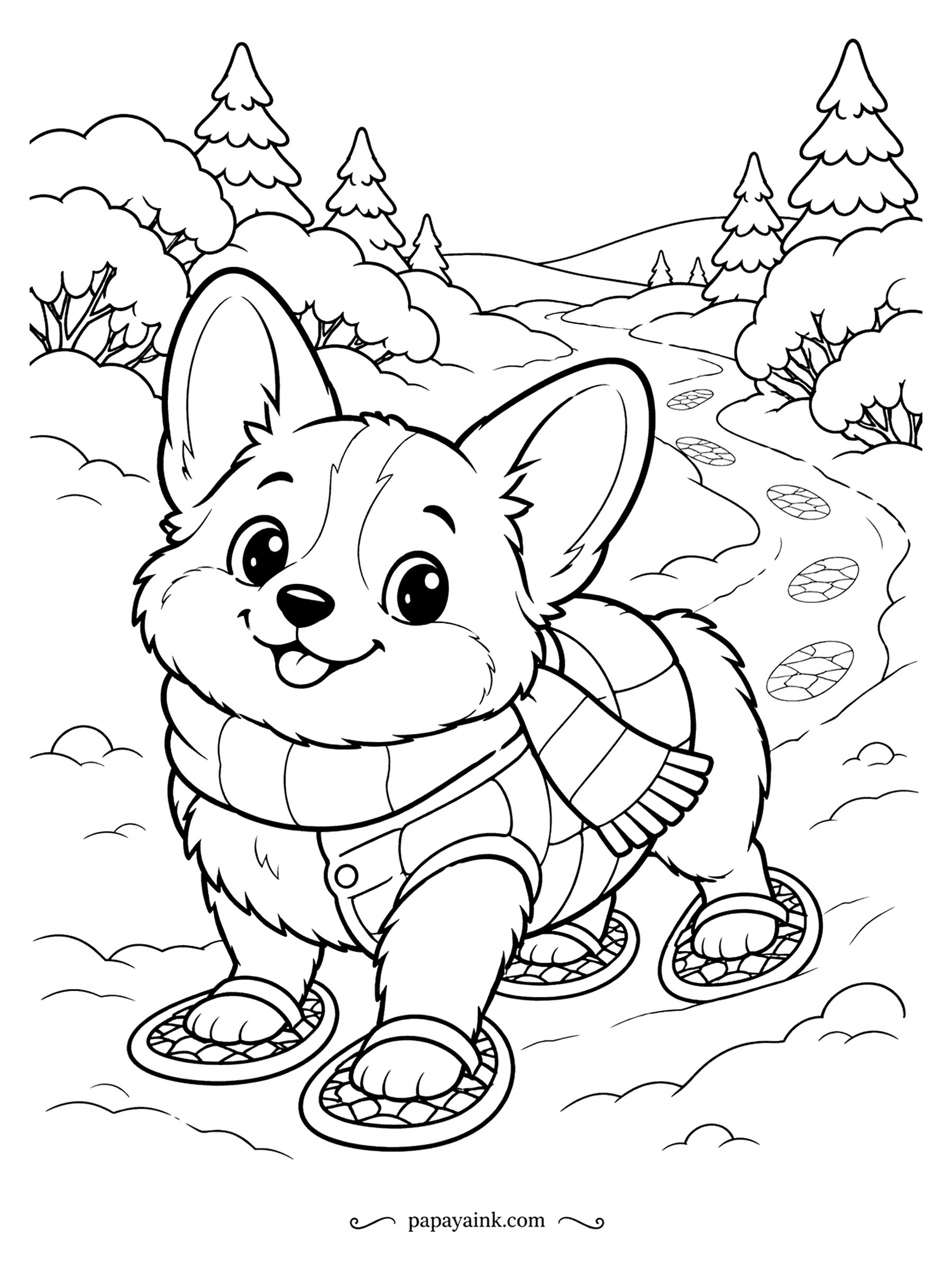 Cute Winter Coloring Pages - Four snowshoes for four short legs: the corgi puppy in a scarf and vest is testing them on a trail that winds between the firs. Round prints trail behind him. Tan and white for the coat and something bright for the scarf. Detailed.