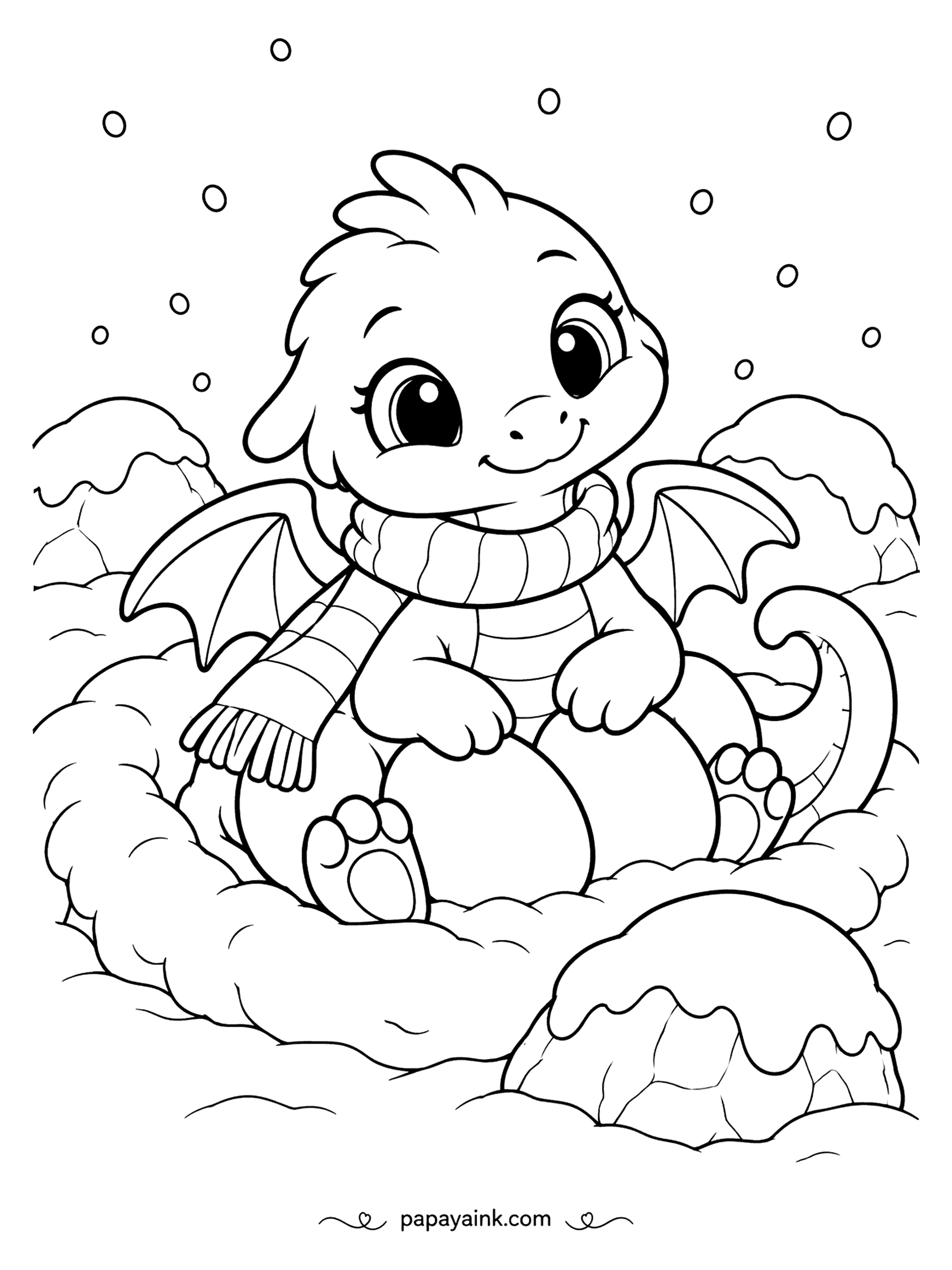 Cute Winter Coloring Pages - Baby dragon, first winter. He sits on a nest of snow-covered eggs with his wings half open and a striped scarf wound twice around his neck, watching the flakes come down. Green or blue scales, and the eggs stay white.