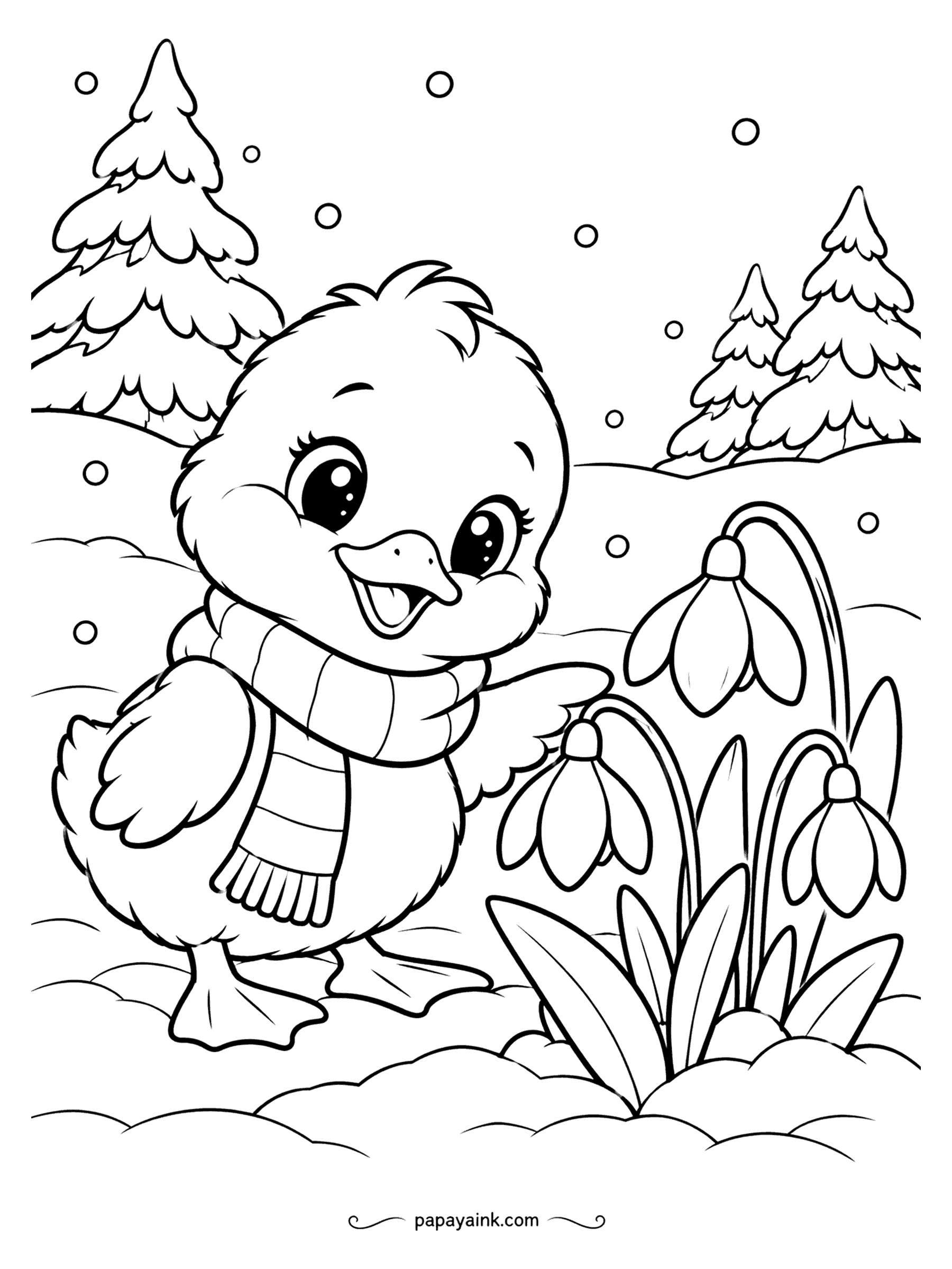 Cute Winter Coloring Pages - First flowers of the year: the duckling in a striped scarf has found a clump of snowdrops pushing through the snow at the edge of the woods. White petals with a green tip, and the rest of the color goes on the scarf.