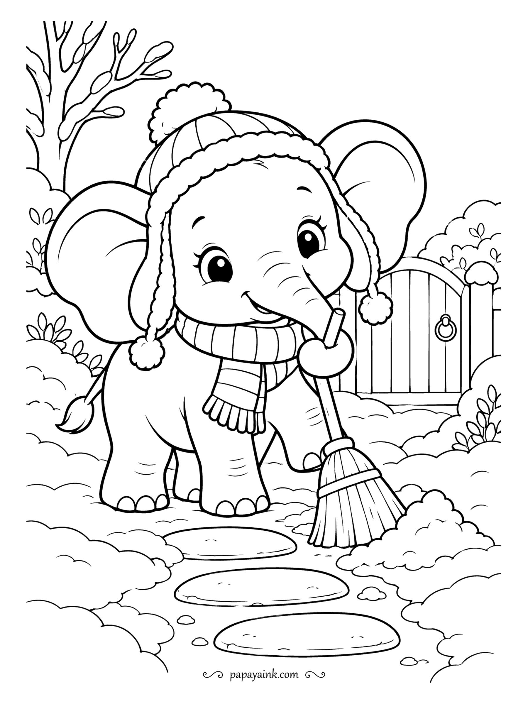 Cute Winter Coloring Pages - Broom in trunk, the baby elephant in a hat with earflaps sweeps the stepping stones clear in front of a garden gate. Bare branches and buried bushes all around. Gray for the elephant and anything loud for the hat.