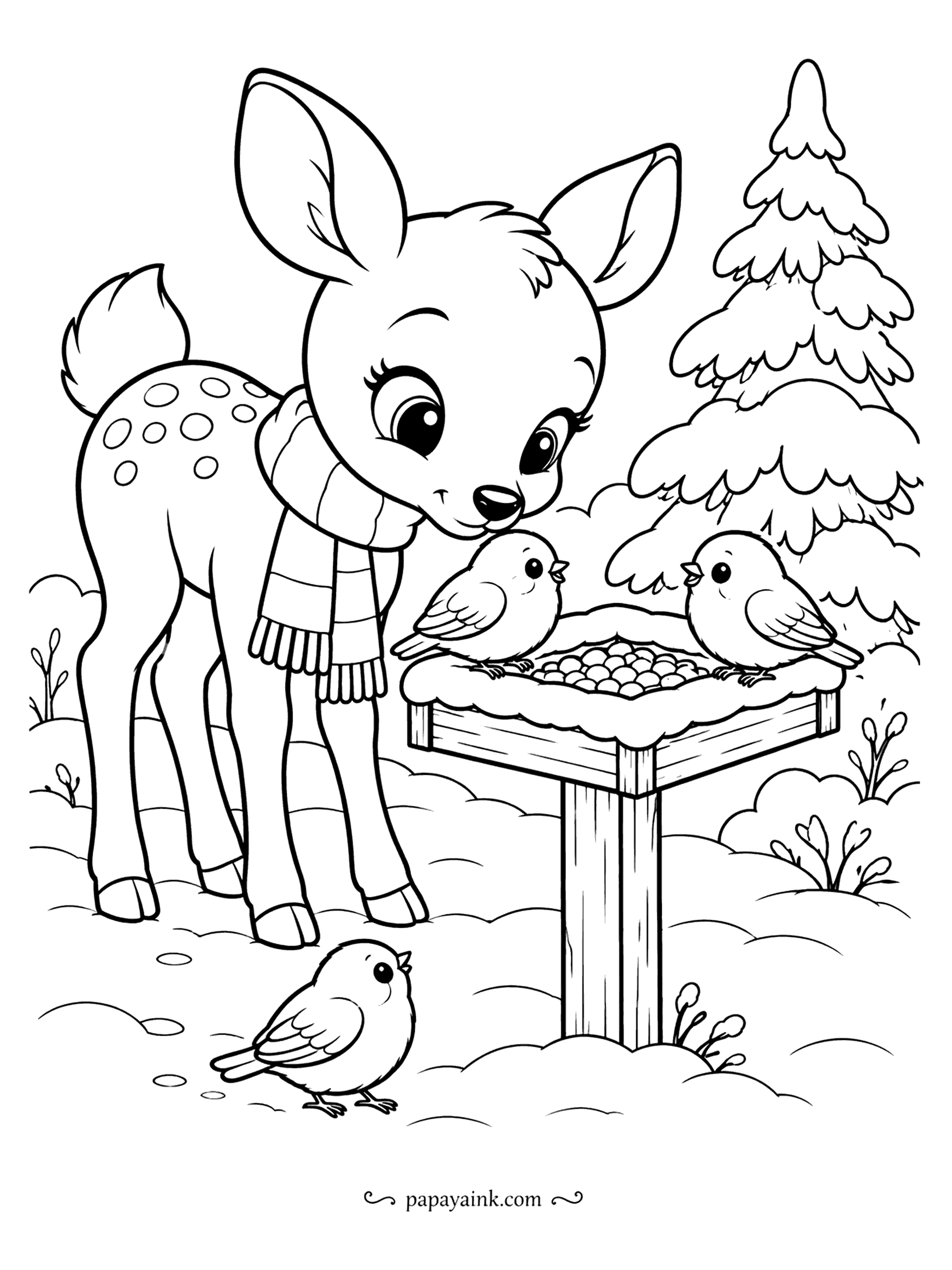 Cute Winter Coloring Pages - Nobody at the bird feeder is moving. A spotted fawn in a long scarf has leaned in to inspect the seed tray, and the three sparrows are waiting her out under a snow-laden fir. The spots are tiny, so sharpen the pencil for the coat.