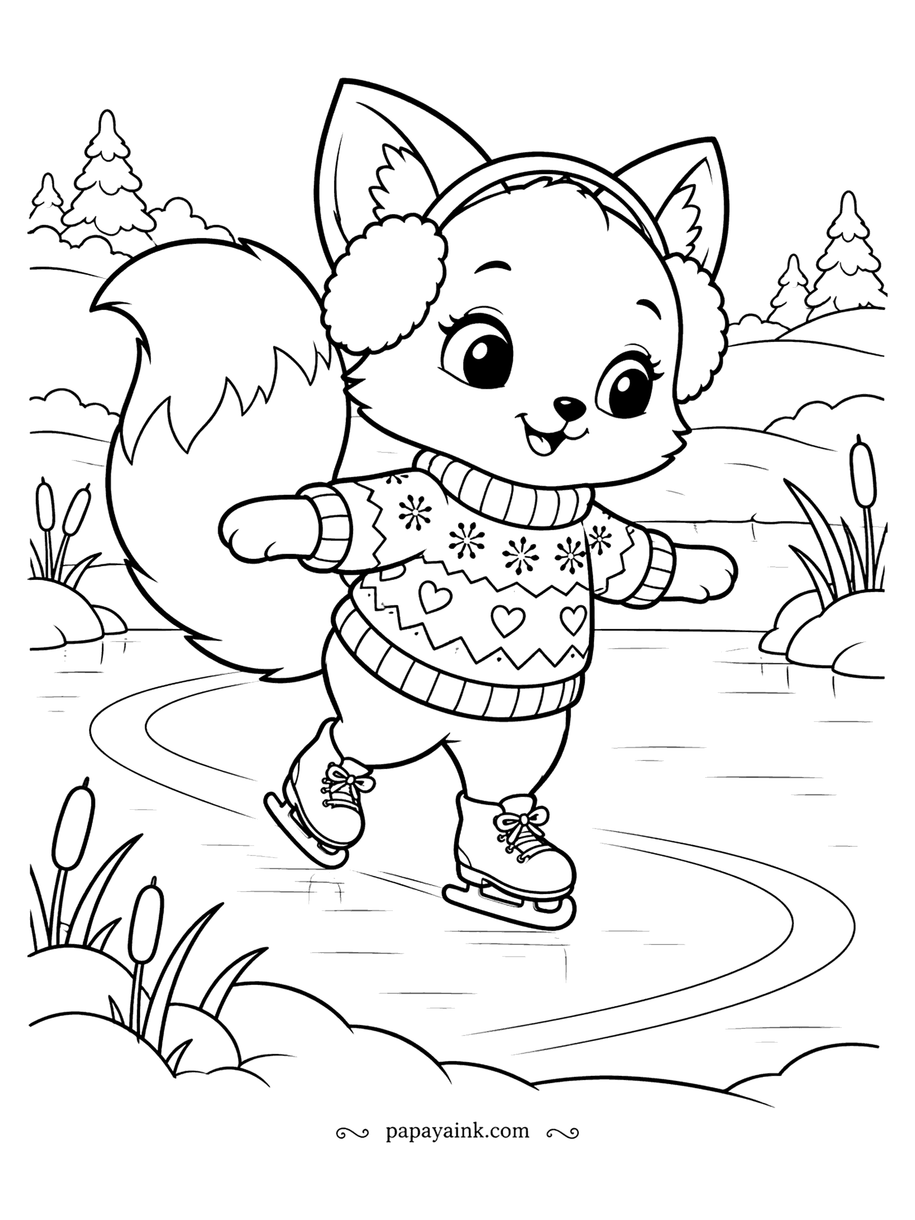 Cute Winter Coloring Pages - Arms out for balance, the fox glides across a frozen pond in earmuffs and a snowflake sweater, tail up like a rudder. A single curved line shows where she has been. Cattails along the bank are a good excuse for a touch of brown.