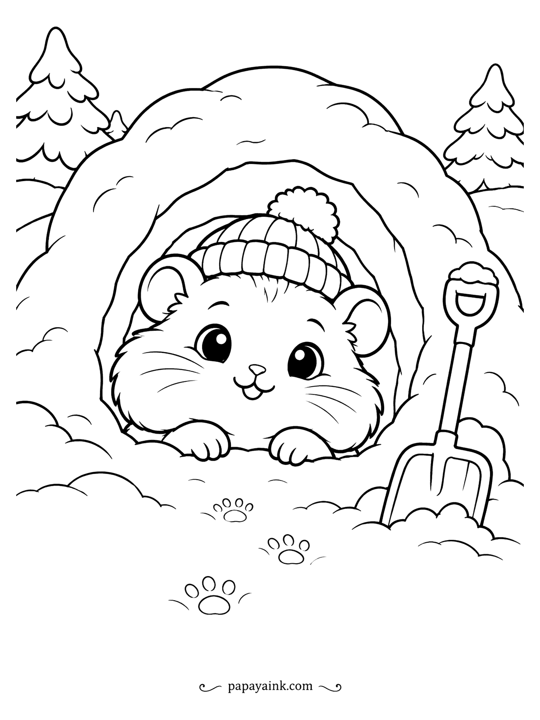 Cute Winter Coloring Pages - Dug in. The hamster in a knitted hat peers out of a snow tunnel with paws on the edge, a small shovel standing by and paw prints leading inside. Golden fur, blue shadows in the tunnel. Big shapes, easy page.