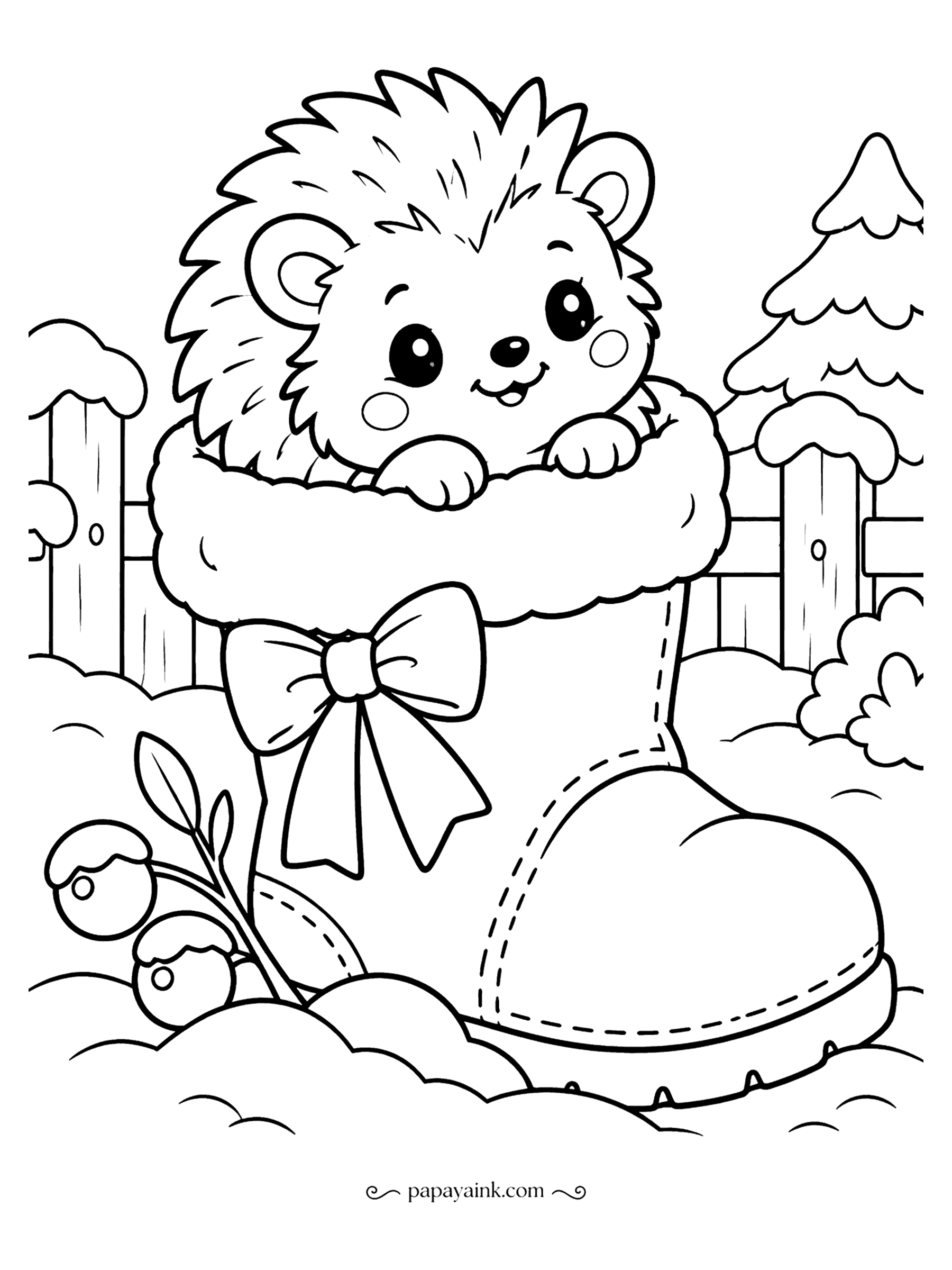 Cute Winter Coloring Pages - Settled into a fur-trimmed boot tied with a big bow, the hedgehog has no plans to leave. Winter berries on a twig, a picket fence, a fir dusted with snow. His spines look fine in plain brown; the bow deserves something louder.
