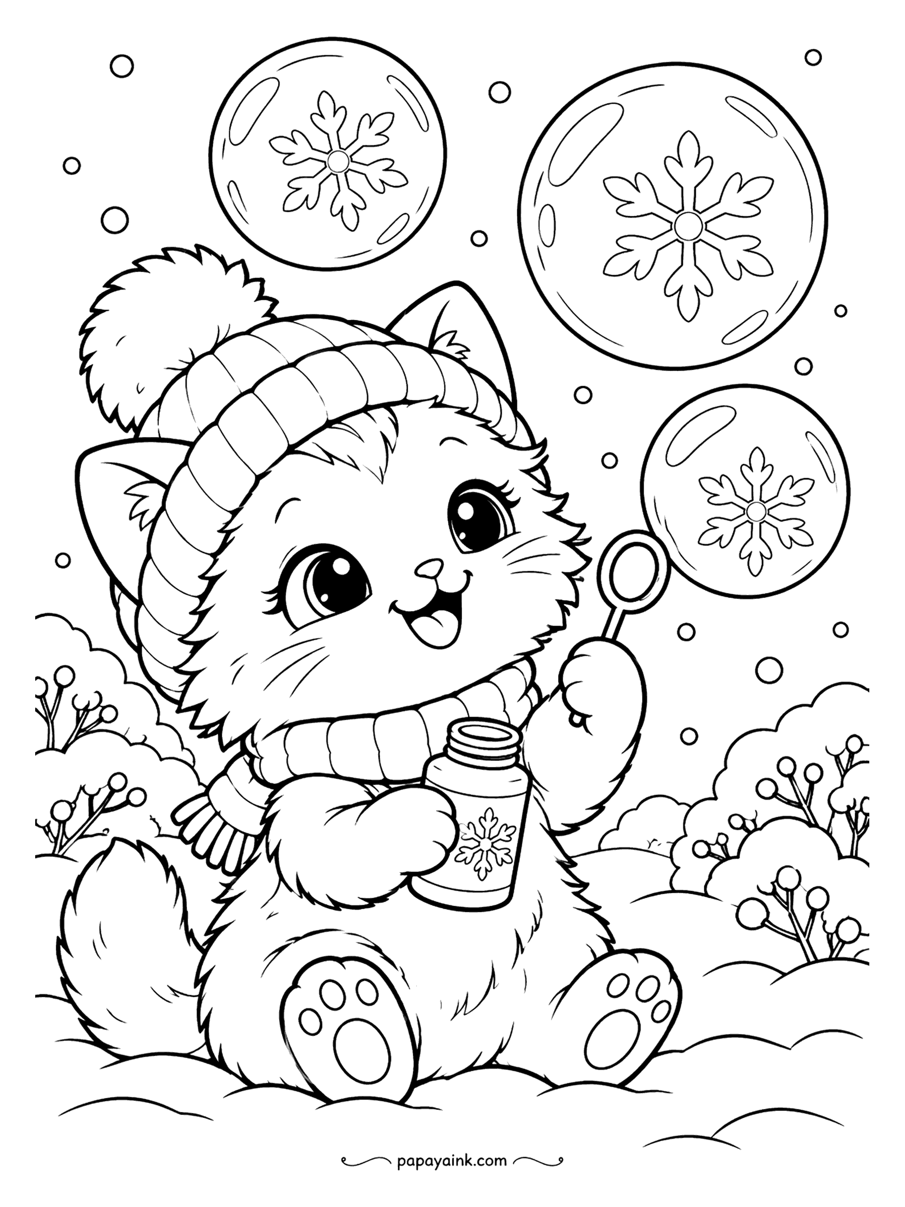 Cute Winter Coloring Pages - Soap bubbles freeze in the cold, and the kitten in a pom-pom hat has found out: each one hangs in the air with a snowflake pattern growing inside. She holds the wand up for one more. Faint blue and lilac on the bubbles.