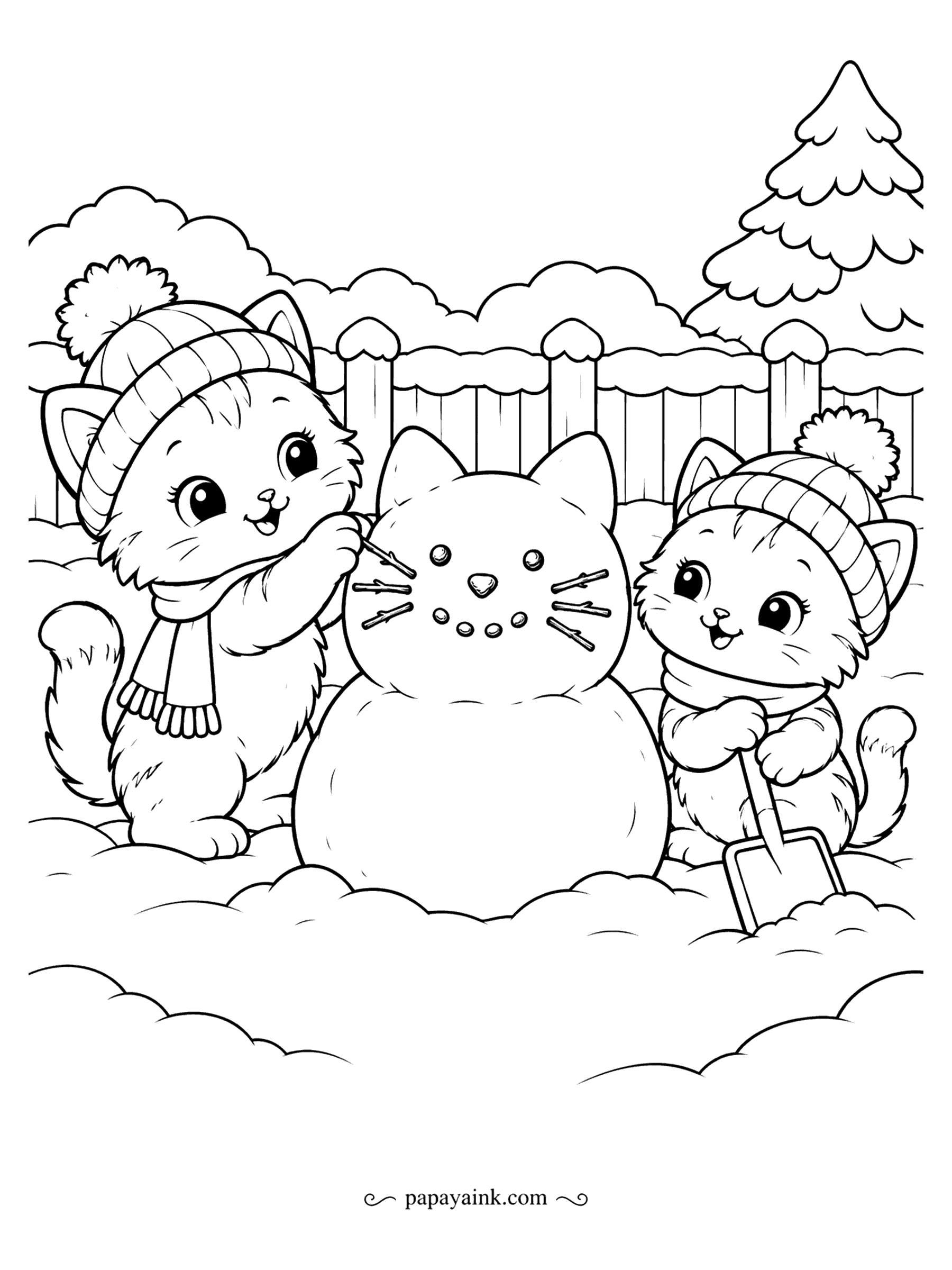 Cute Winter Coloring Pages - Two kittens in pom-pom hats are finishing a snow cat rather than a snowman, with twig whiskers and a pebble nose. One pats the head smooth while the other leans on the shovel. A picket fence and a snowbound garden close off the scene.