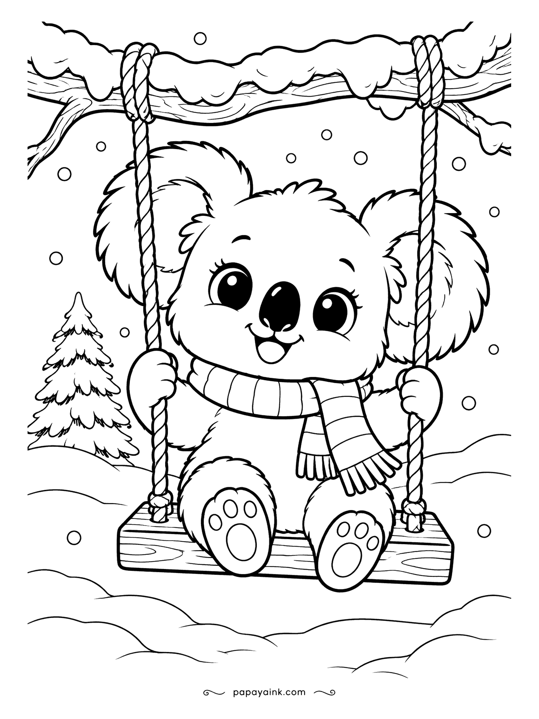 Cute Winter Coloring Pages - Snowfall on the koala, who sits on a rope swing under a frosted branch and does not seem to know it is winter. Striped scarf, round ears, paw pads out. Gray fur and a bright scarf: an easy sheet with plenty of paper left bare.
