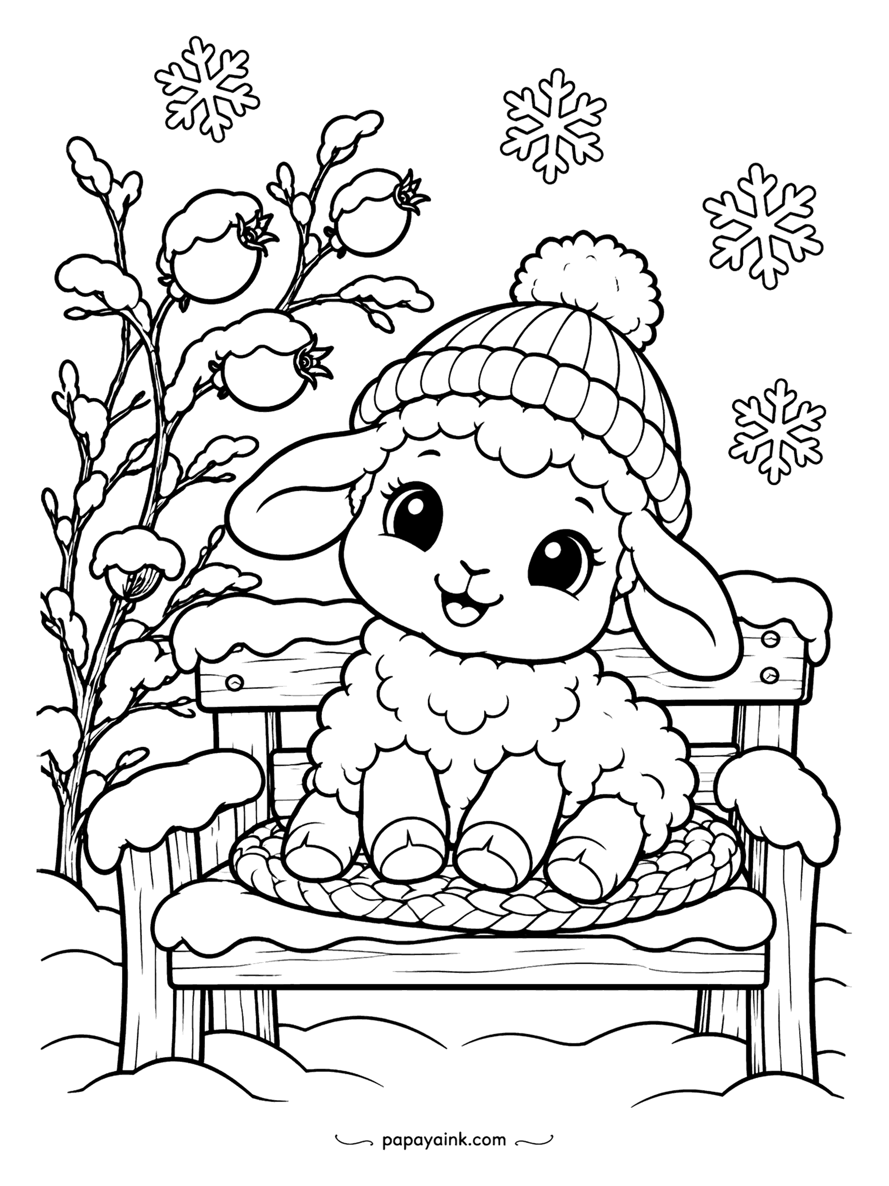 Cute Winter Coloring Pages - Fresh snow on the bench, a lamb in a pom-pom hat sitting on it, and a rosehip bush heavy with berries leaning in. Snowflakes drift down. Red berries against white wool: two colors do the whole sheet.
