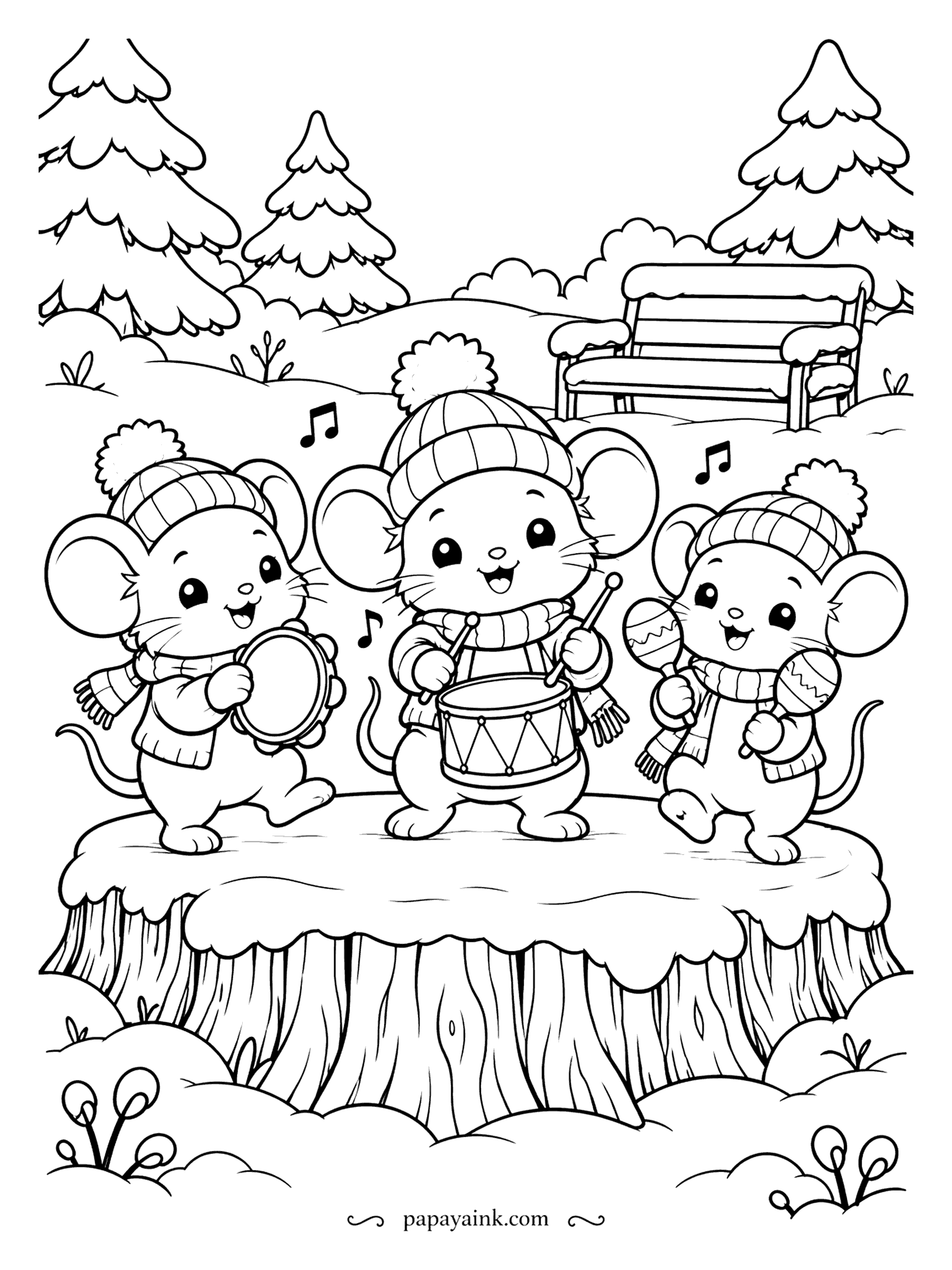 Cute Winter Coloring Pages - Three mice in hats and sweaters play tambourine, drum and maracas on a snowy tree stump, notes floating up toward a park bench. Every sweater has its own pattern. Give each musician a different hat color so the band reads at a glance.
