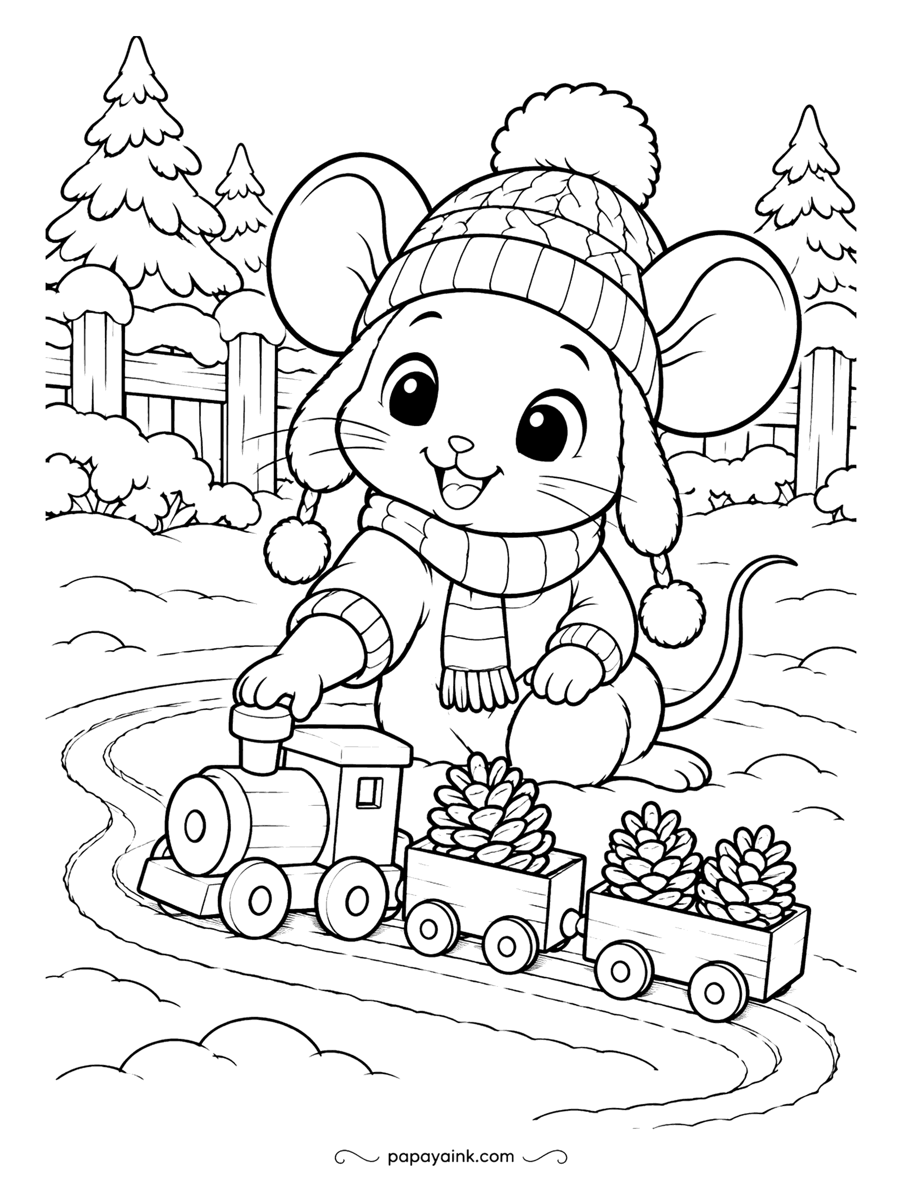 Cute Winter Coloring Pages - Pine cones go by rail today. The mouse in a pom-pom hat and mittens pushes a toy train with two open wagons along a track in the snow, past a fence and a treeline. Cone scales are small, so sharpen the pencil for the cargo. Detailed.