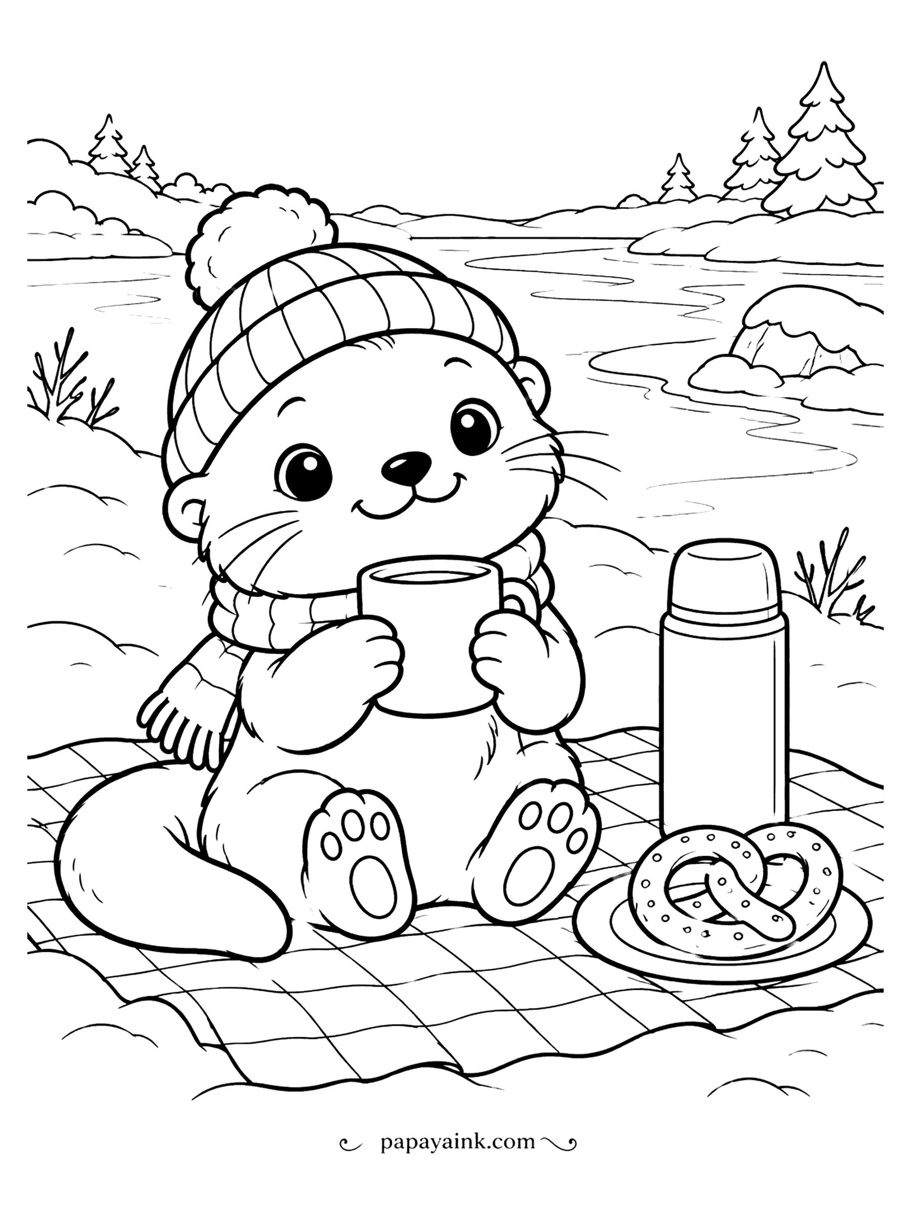 Cute Winter Coloring Pages - Winter picnic by the river: the otter in a beanie sits on a checked blanket with a mug in both paws, a thermos and a pretzel beside him. Red and white squares on the blanket set the mood.