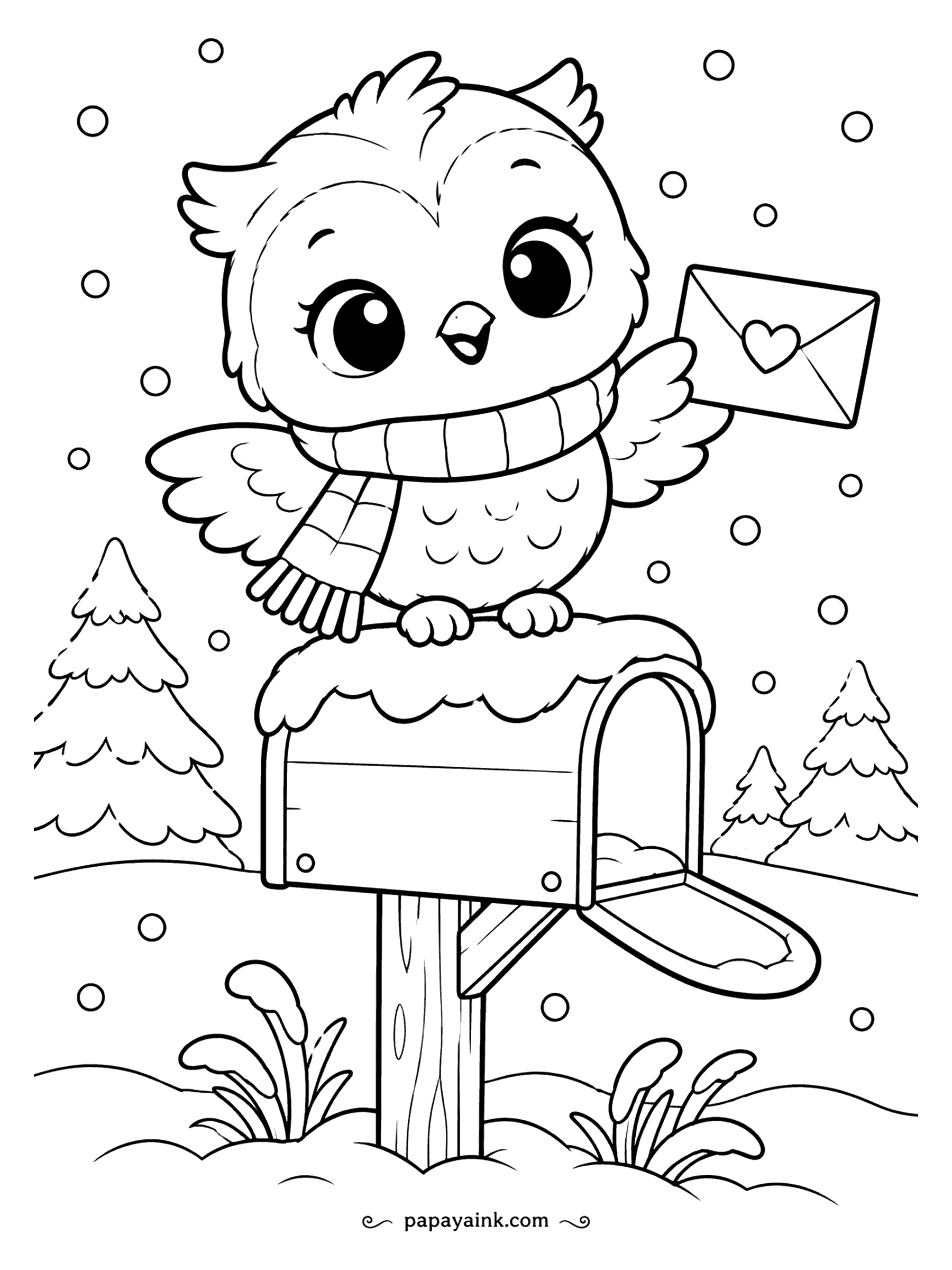 Cute Winter Coloring Pages - Perched on a snow-capped mailbox, the owlet holds up a heart-sealed envelope as if it already knows what is inside. Flakes fall all around and the mailbox door hangs open. Try amber in the eyes and keep the snow untouched.