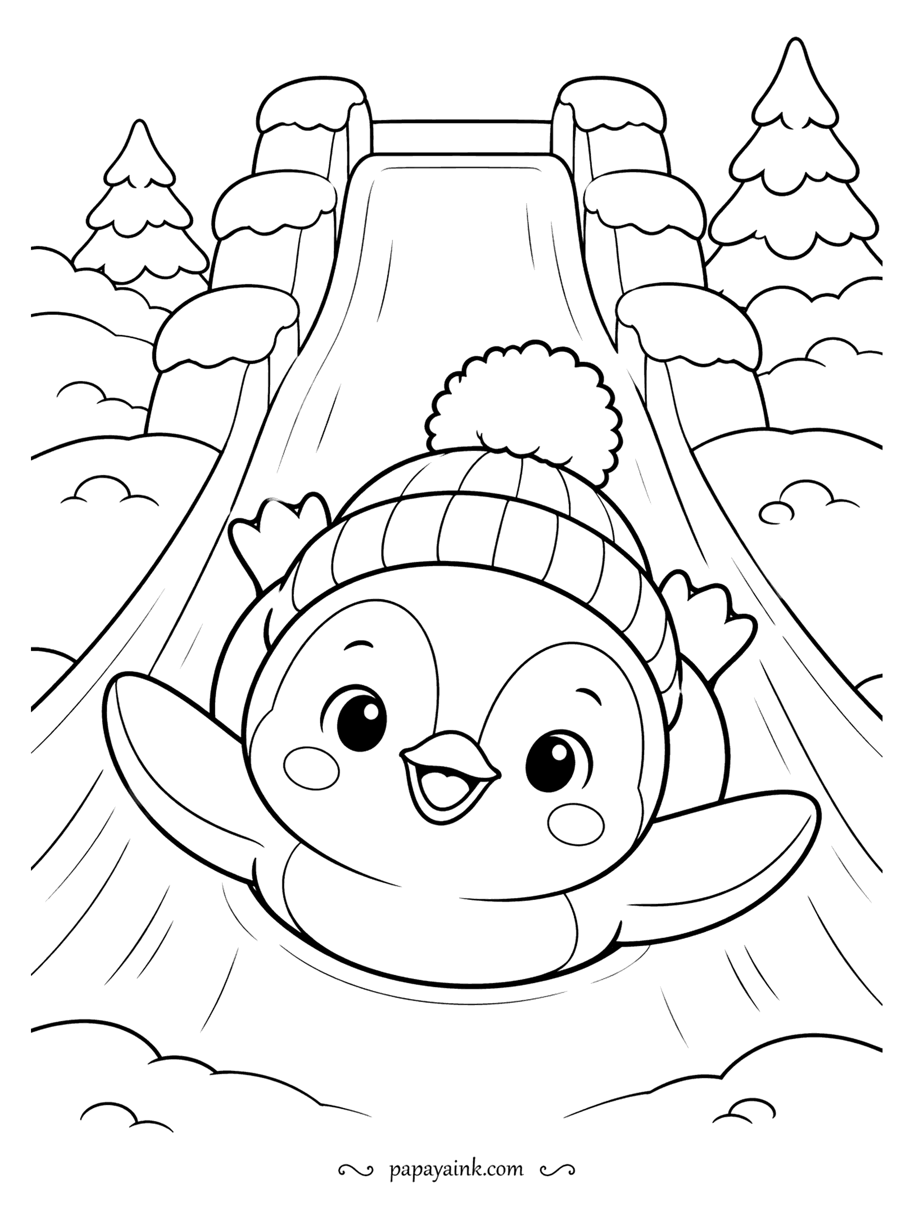Cute Winter Coloring Pages - Belly first down an ice slide, flippers wide, pom-pom hat somehow still on. The penguin chick is grinning at the bottom before it has even arrived. Keep the slide pale and let the dark feathers do the work.