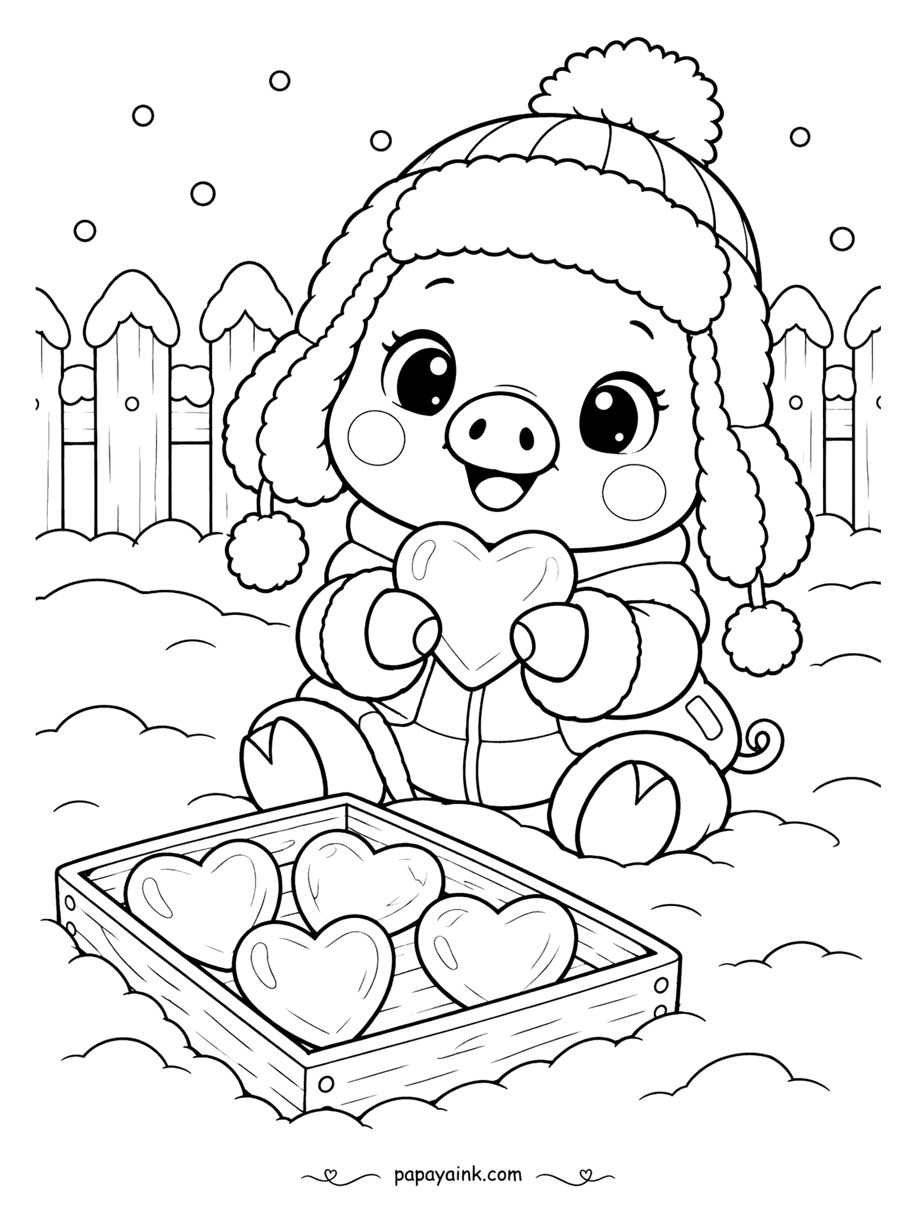 Cute Winter Coloring Pages - Heart molds, filled with water and left out overnight: the piglet in an earflap hat holds the first frozen heart up to the light, a full tray at his feet. Picket fence behind, snow on every post. Pink piglet, pale blue hearts.