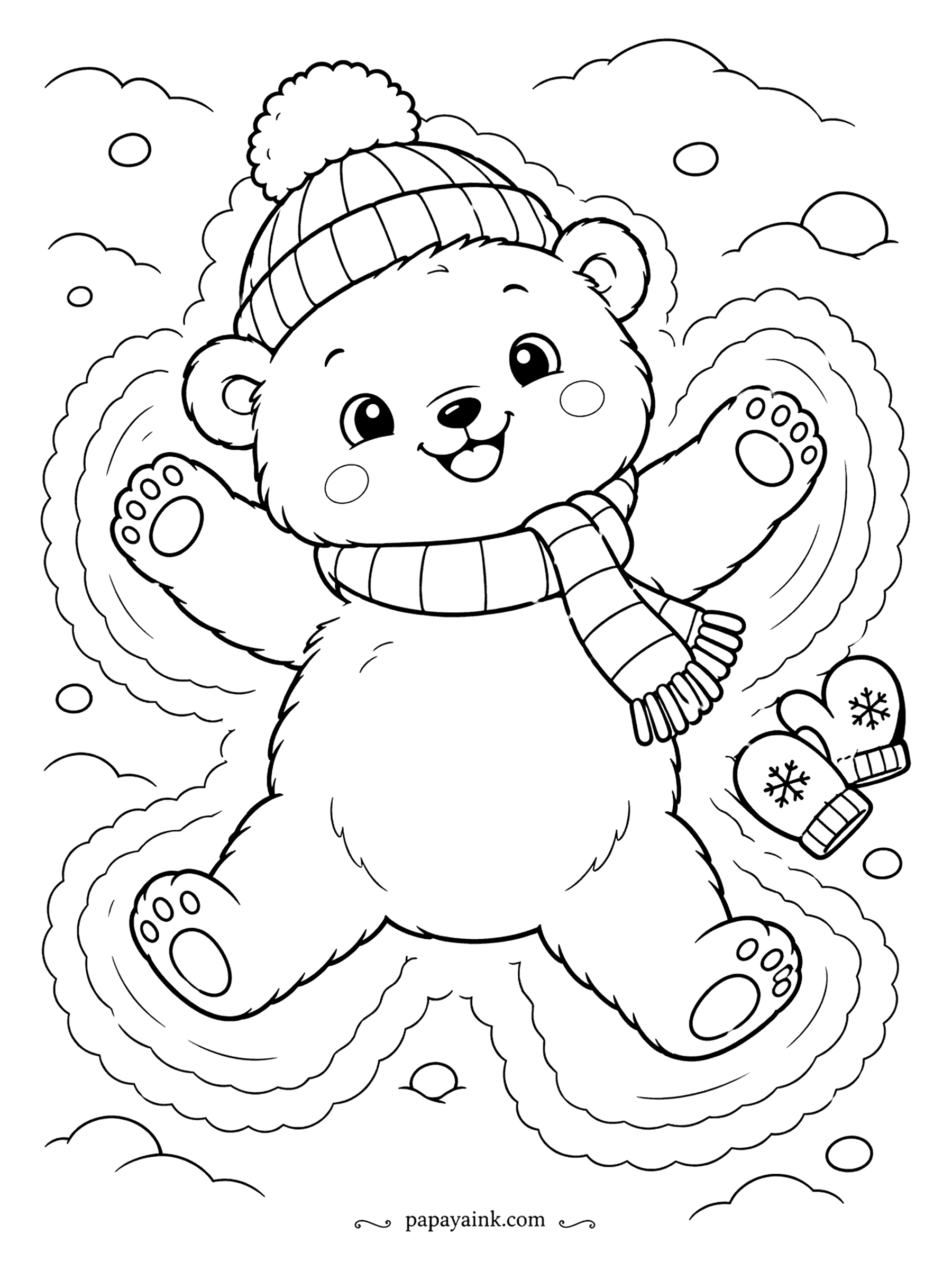 Cute Winter Coloring Pages - Flat on his back in a fresh drift, the polar bear cub fans out all four paws and makes a snow angel. His mittens have come off and wait beside him. Pale blue inside the angel's grooves will lift it off the snow.