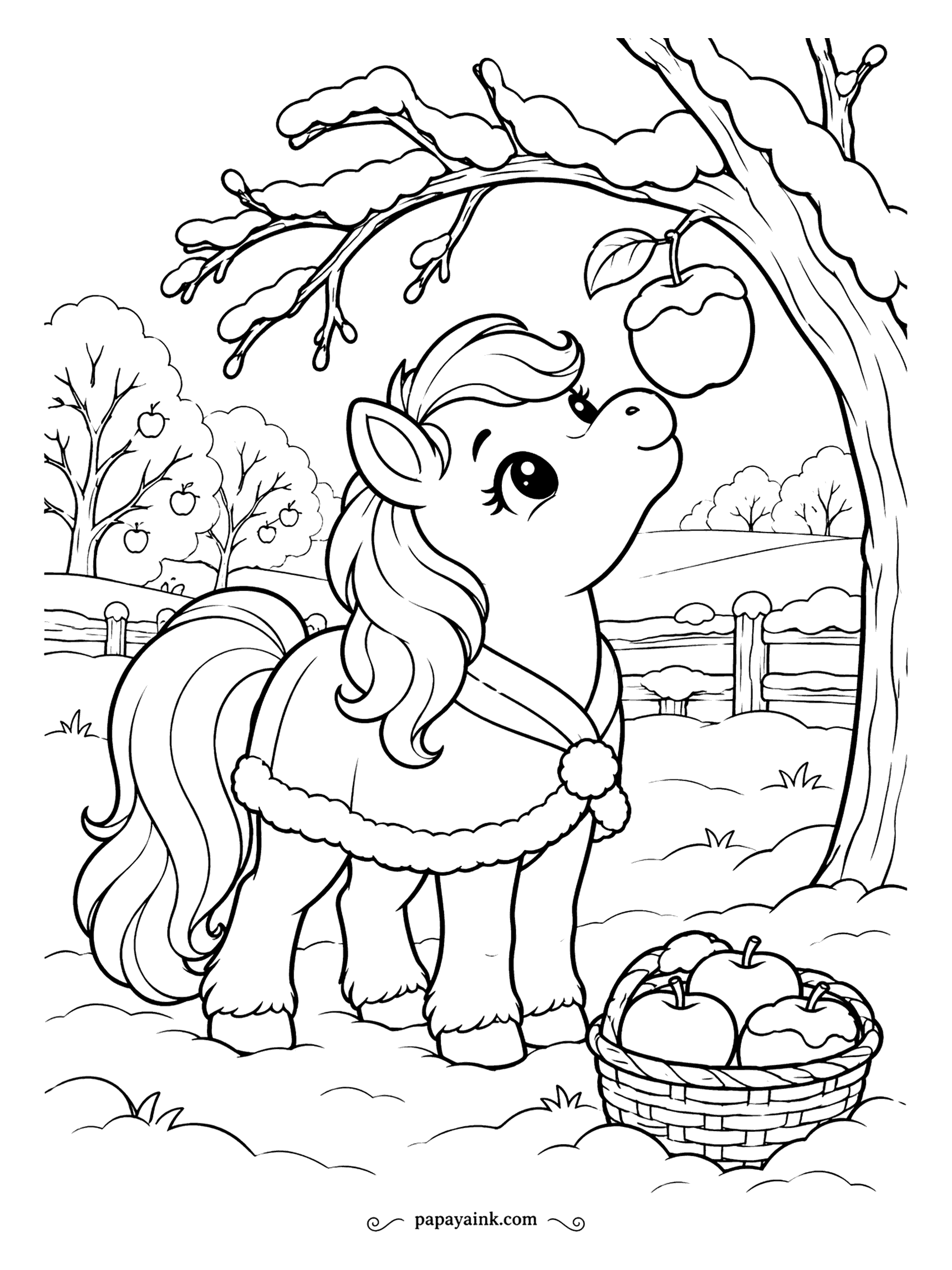 Cute Winter Coloring Pages - Last apple of the orchard, still hanging, and the pony in a fur-trimmed cape stretches up toward it, a basket of picked apples at her hooves and rows of bare trees behind. Red apples on gray branches is the whole picture.